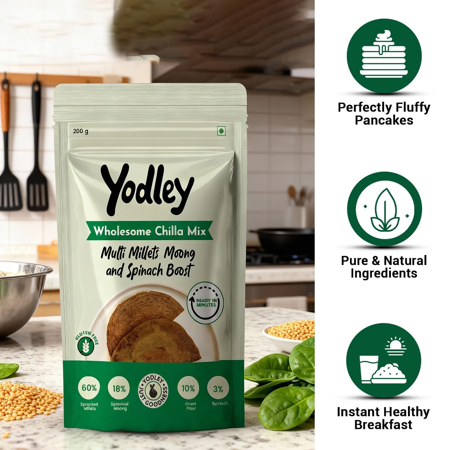 Yodley Multi Millets, Moong & Spinach Boost Wholesome Chilla Mix | High-Protein, Fiber-Rich, Instant Mix | No Preservatives, Healthy Breakfast & Snack (200g, Pack of 1) — image 2