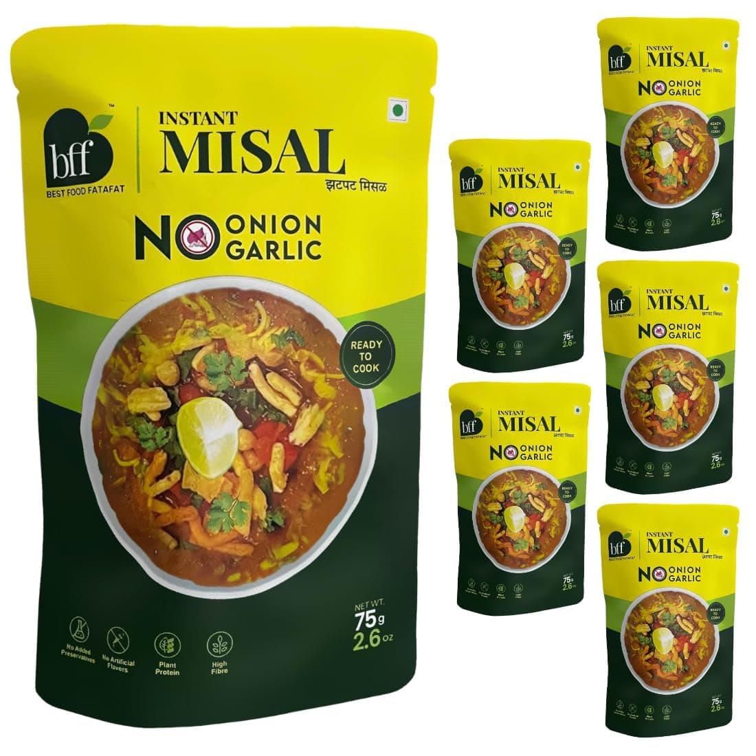 BFF Instant Misal - No Onion, No Garlic| Pack of 6 (75g Each) | Spiced Maharashtra-Style Meal | Just Add Water & Heat | Ready in Minutes | Suitable for Breakfast, Lunch, or Snack