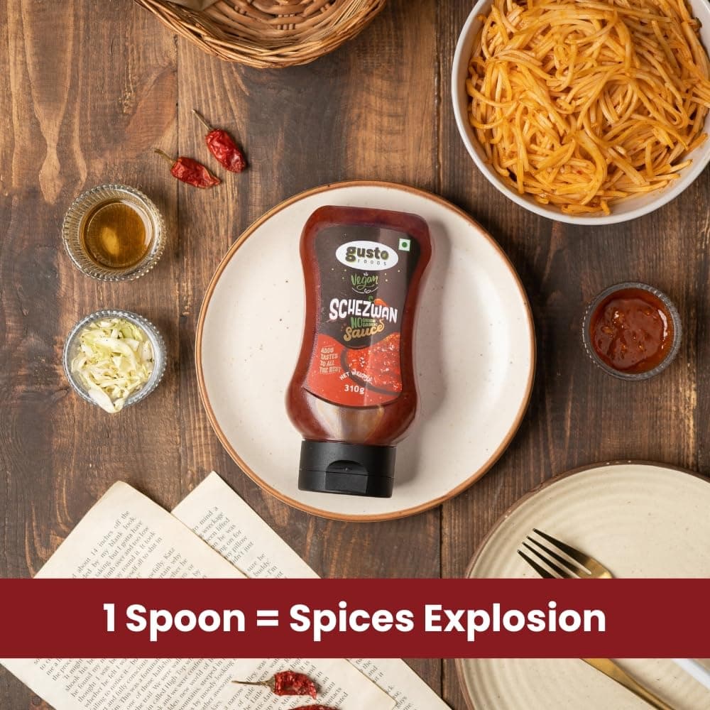 Gusto Foods No Garlic No Onion Schezwan Sauce 310 gm | Jain schezwan sauce no onion no garlic | Ready To Use | Made with fresh Ingredients | Hot Spicy Chilli Dip Schezwan | For fried rice, noodles, stir-fried vegetables, wraps, sandwiches — image 6