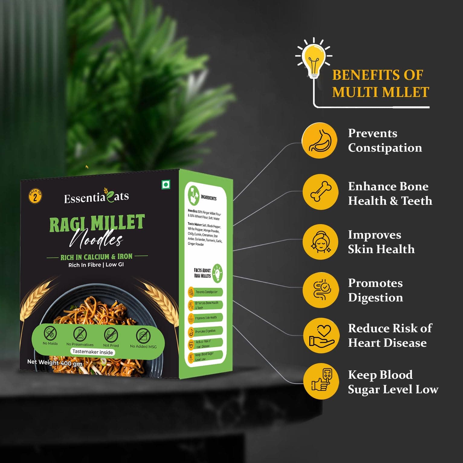 Essentiaeats Ragi Millet Noodles Includes Tastemaker 400g Pack of 2, No Maida Not Fried No Preservatives No MSG Healthy Hakka Noodles Ready to Cook — image 6
