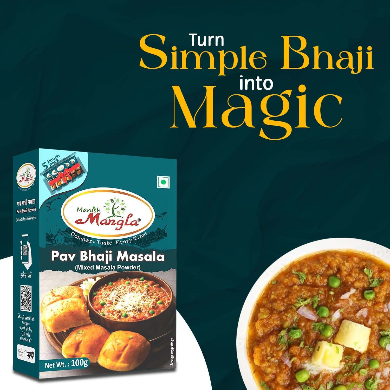 Manish Mangla Pav Bhaji Masala 100g | Mixed Masala Powder with 5 Fresh Sachets | Authentic Street Style Pav Bhaji Taste | Rich Aroma Spice Blend for Easy Cooking — image 4