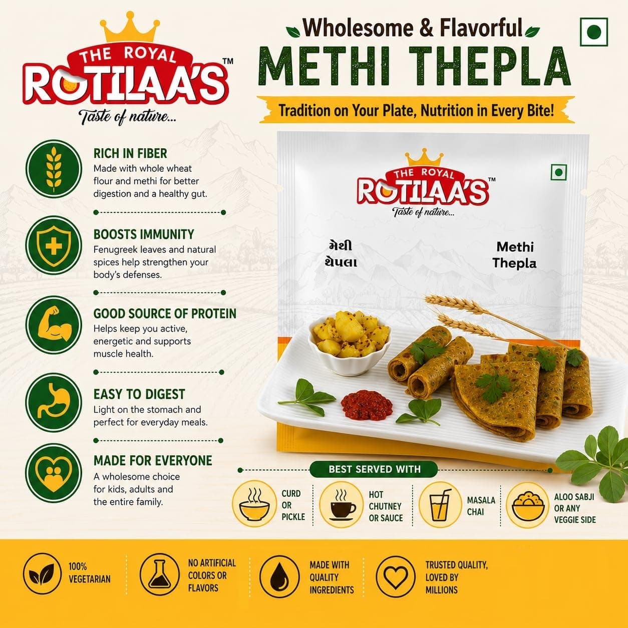 THE ROYAL ROTILAA'S Methi Thepla 100g (Pack of 3) | Ready-to-Eat Gujarati Snack | Vacuum Packed | Soft & Fresh Handmade Thepla | Includes Pickle | Pure Veg Travel & Tiffin Food | 4 Pieces per Pack — image 2