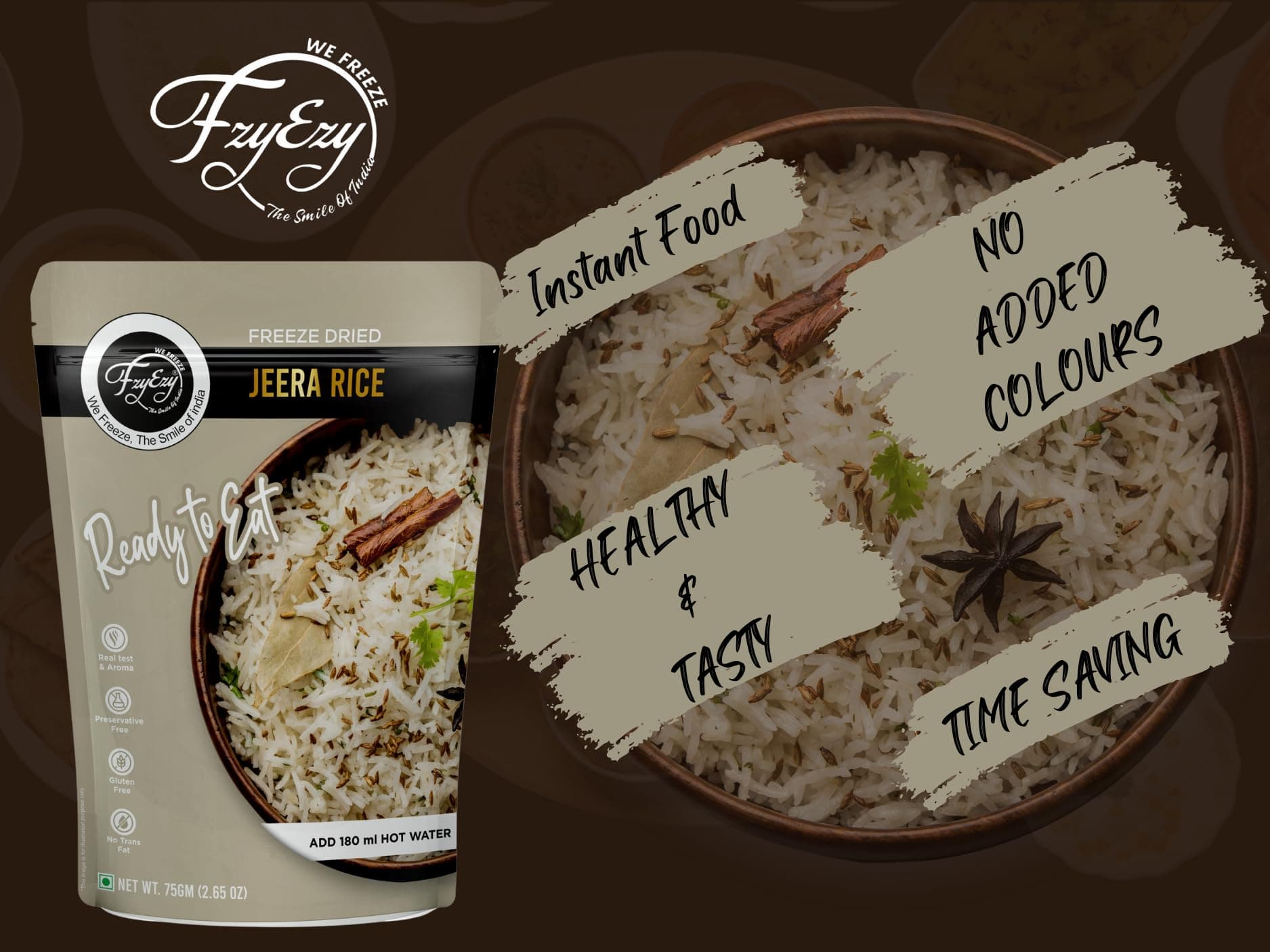 FzyEzy Freeze-Dried Jeera Rice | Ready-to-Eat Instant Meal | Authentic Indian Cumin Rice | No Preservatives | Travel-Friendly Pack (75g) — image 9