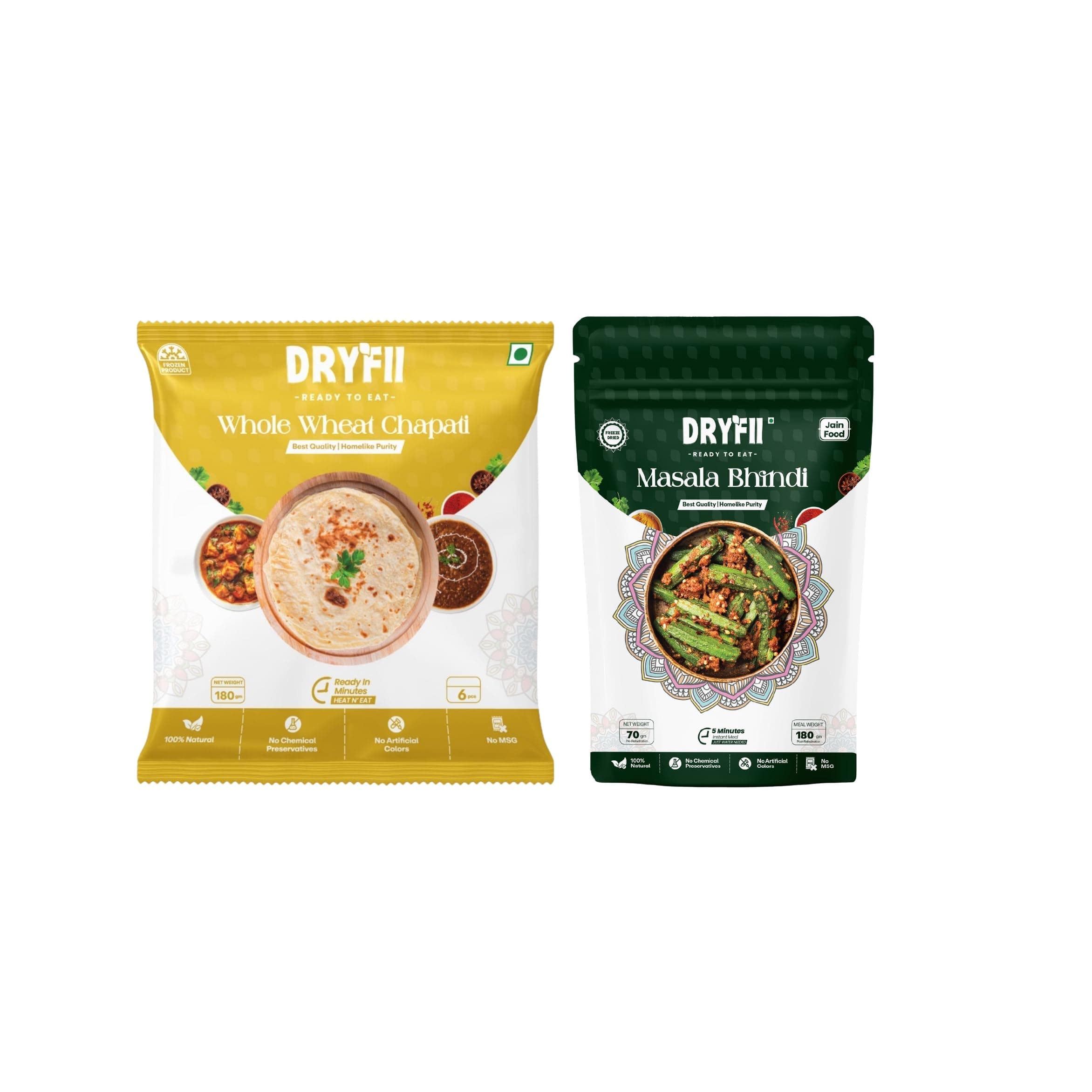 Dryfii Ready-to-Eat Chapati with Jain Masala Bhindi | 6 Chapati in 1 Pack | No Onion No Garlic Healthy Combo Meal | Light & Clean Indian Food