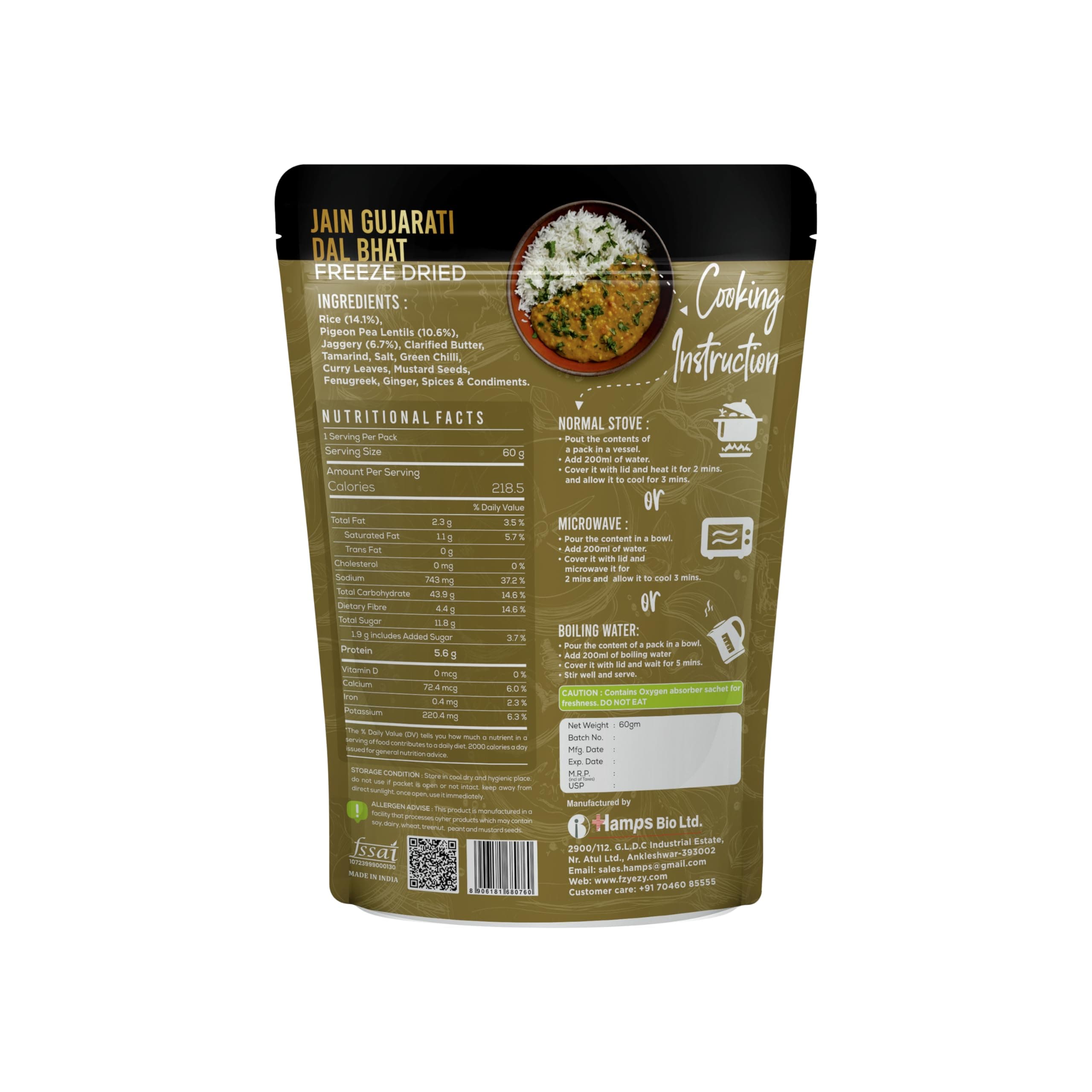 FzyEzy Freeze-Dried Jain Gujarati Dal Bhat | Authentic Jain Gujarati Culinary Experience | Traditional Satvik Ready-to-Eat Indian Meal | Gluten-Free & Preservative-Free | Nourishing, Quick-Prep Comfort Cuisine | 60g Pack — image 2