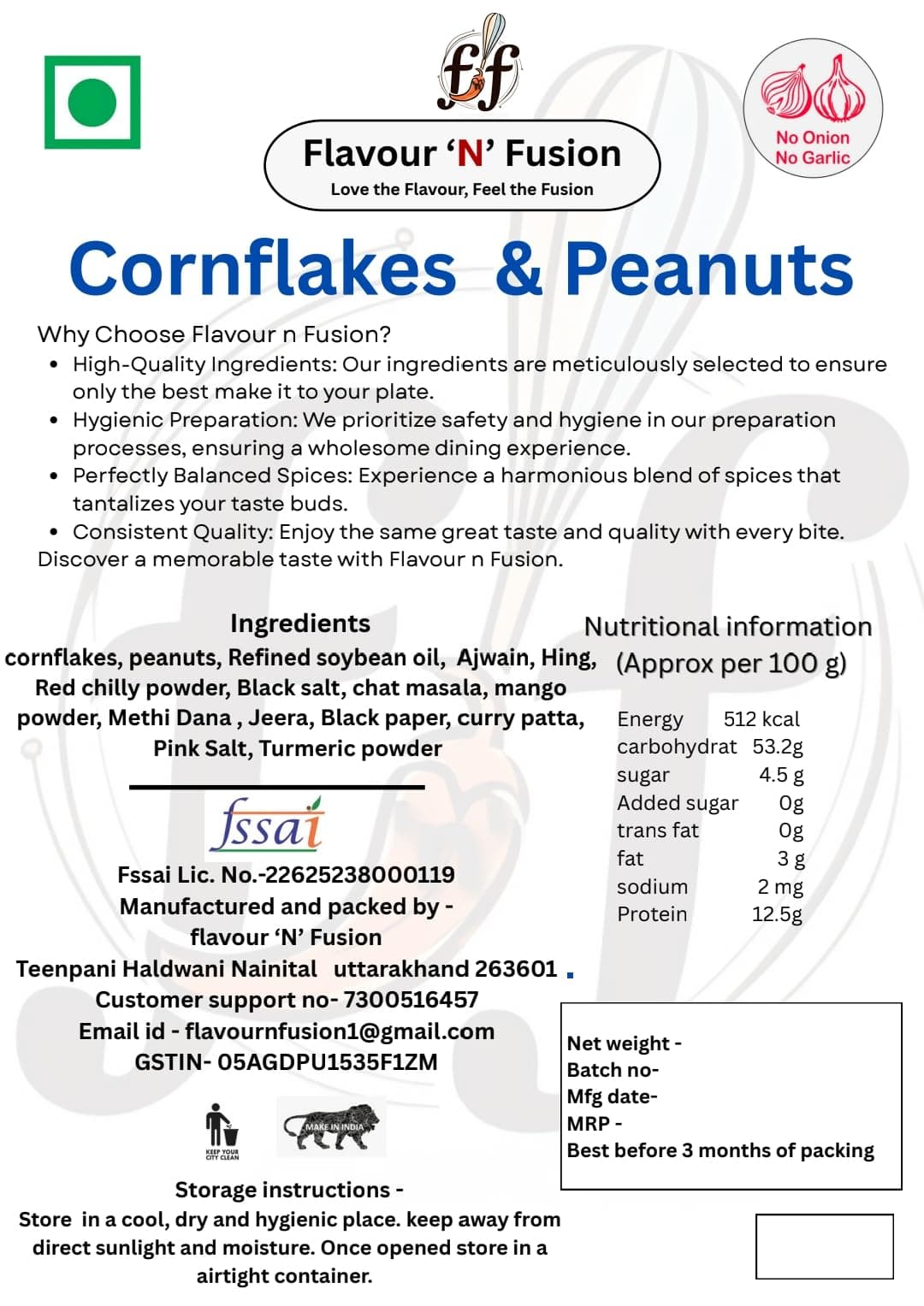 FLAVOUR N FUSION Cornflakes & Peanut Namkeen | Crispy and Crunchy Savoury Snack | NO Onion NO Garlic | Handmade and Hygienically Prepared | No Artificial Colors or Flavours | Freshly Packed | 250 gm — image 2