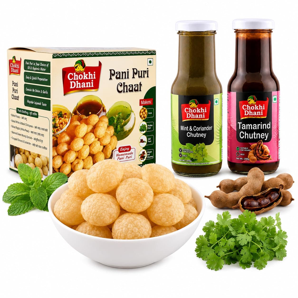 Chokhi Dhani Pani Puri Chaat Kit with Mint & Coriander Chutney (210g) & Tamarind Chutney (250g) | Crispy Flat Puris, Pudina Pani & Imli Chutney | No Onion No Garlic