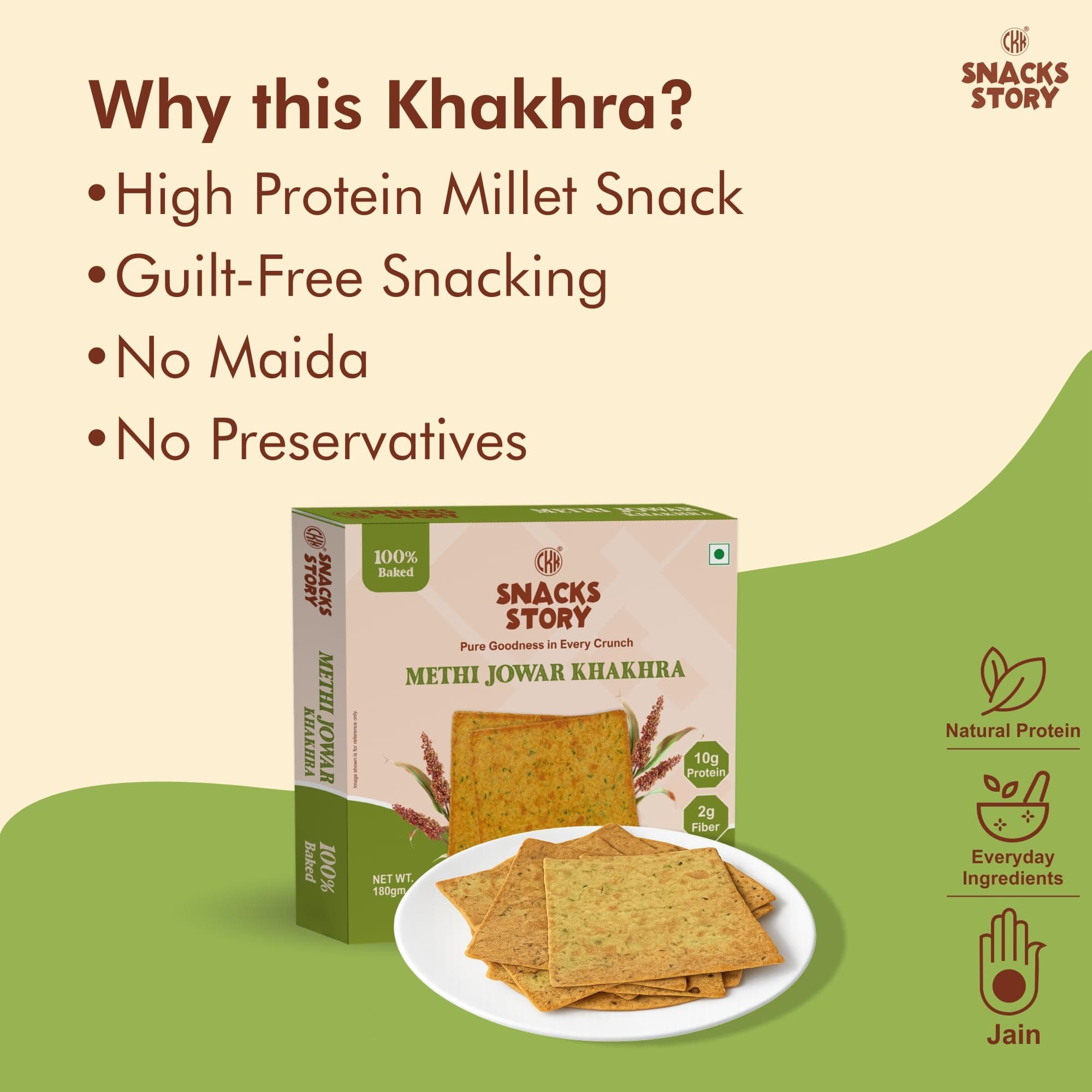 CKK Snacks Story Methi Jowar Khakhra | 100% Baked | High Fiber | No Palm Oil | Healthy & Crispy Snack | Jain Friendly | (Pack of 4 x 180g) — image 4