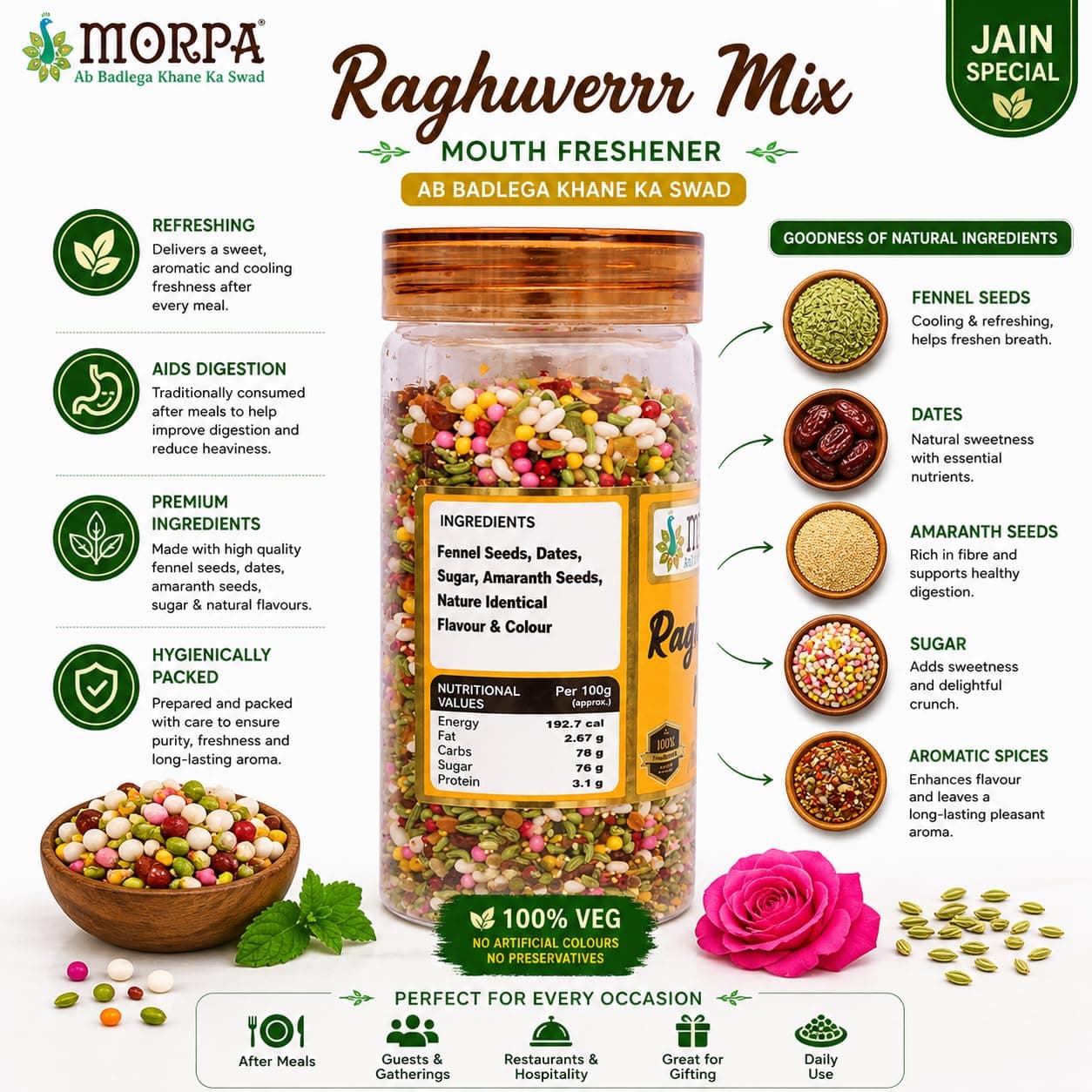 Morpa Raghuverr Mix Mouth Freshener Jain Special Mukhwas with Fennel Seeds Sugar Coated Saunf and Aromatic Spices Refreshing After Meal Digestive 200g — image 4