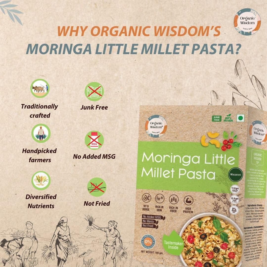 Organic Wisdom-Back to Roots Moringa Little Millet Macaroni, 180 g | Millet Pasta | No Maida, No MSG, No Refined Oil |Rich in Vitamin B & Antioxidants | No Maida, No MSG — image 2