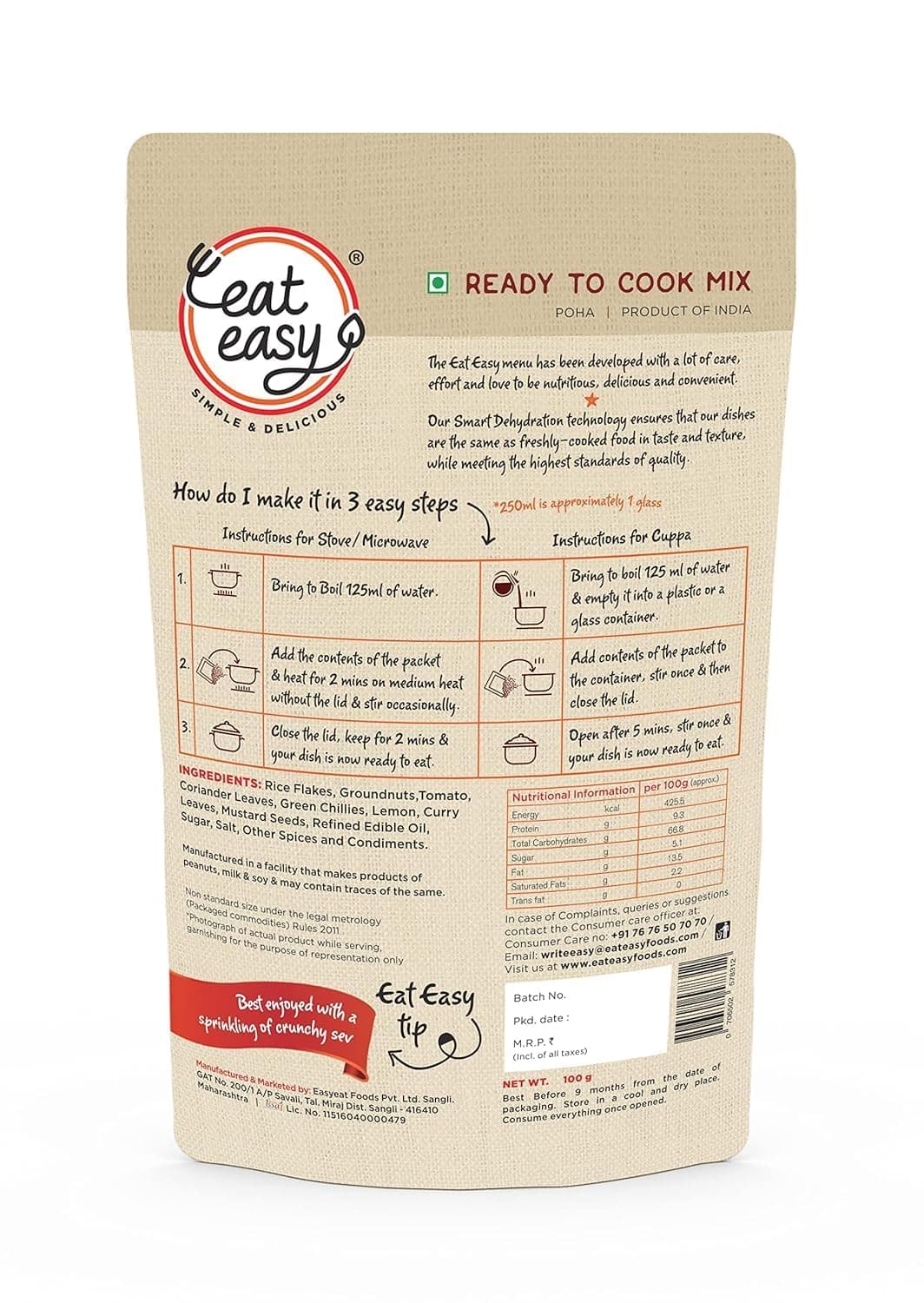 Eat Easy Ready To Eat Jain Poha- 100gm | Just Add Water and Cook | Freeze Dehydrated Instant Healthy & Delicious Poha for Travel, Hostel, Trekking, Camping, Hiking | No Onion, No Garlic, No Preservatives — image 2