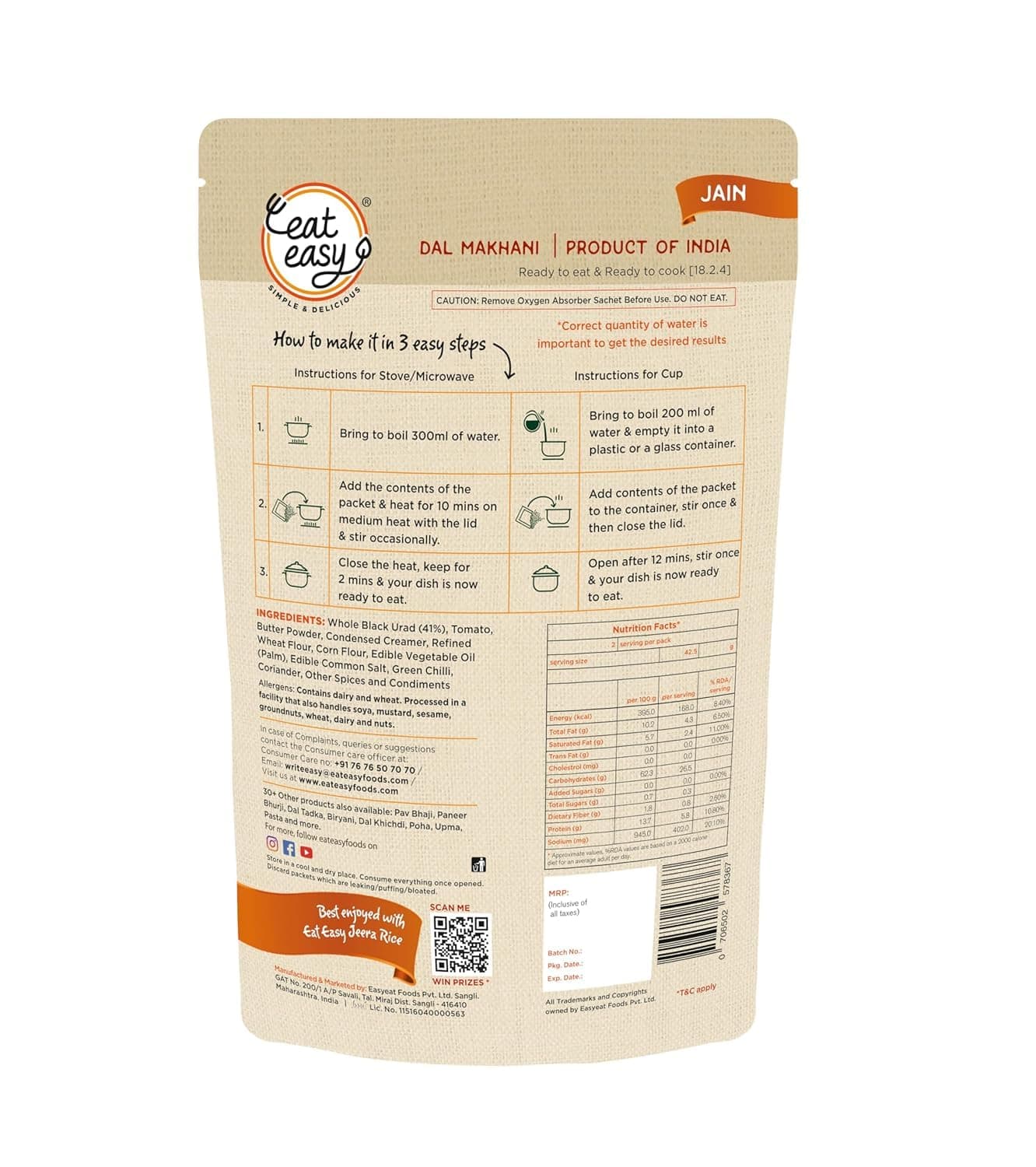 Eat Easy Ready To Eat jain Dal Makhani- 62gm (Pack of 6), Instant Food, Indian Meal, Travel Food, No Preservatives, No Added Artificial Colours & Flavours, Just Add Water and Cook — image 2