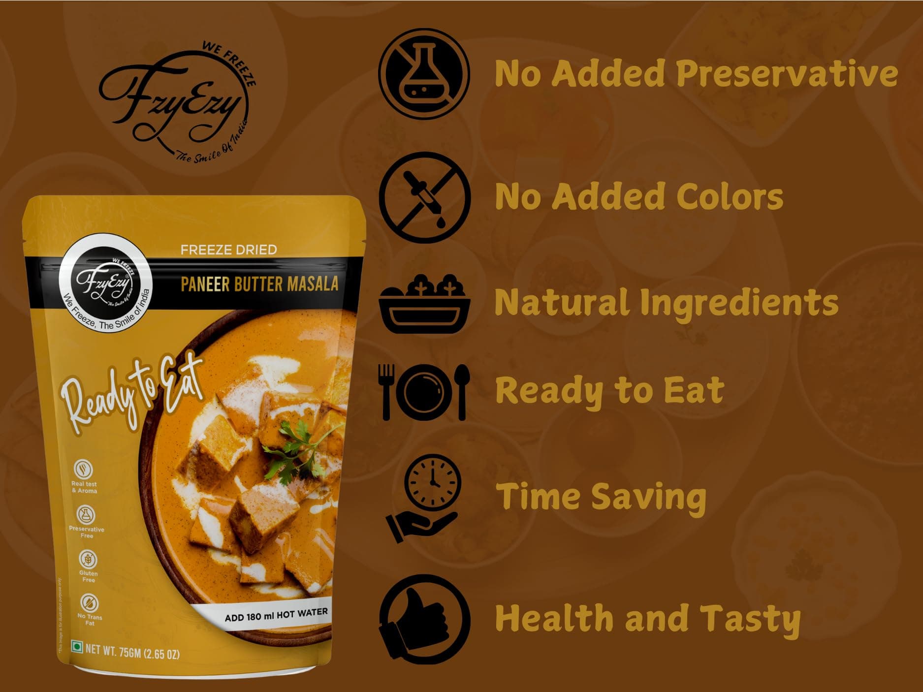 FzyEzy Freeze-Dried Jain Paneer Butter Masala – 75g | Instant Jain Indian Cuisine | Authentic No Onion, No Garlic Paneer Butter Masala Gravy | Jain Vegetarian Gourmet Delight | Ready-to-Eat | Gluten-Free | Preservative-Free Meal — image 6
