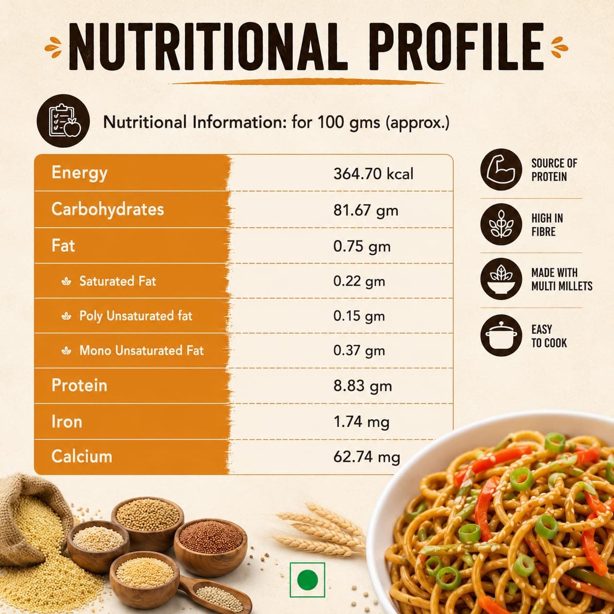 Indulgence No Maida Multi Millet Hakka Noodles | Healthy Millet Noodles for Nutritious Family Meals | High Fiber & Protein Rich | Naturally Supports Immunity | Pack of 2 (200g-Each) — image 3