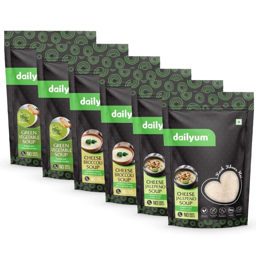 Dailyum Premium Instant Soup Combo of 6 | No Onion No Garlic | 2 Green Veg. Soup 50g | 2 Cheese Broccoli Soup 50g | 2 Cheese Jalepeno Soup 50g | Natural | No MSG | Jain — image 2