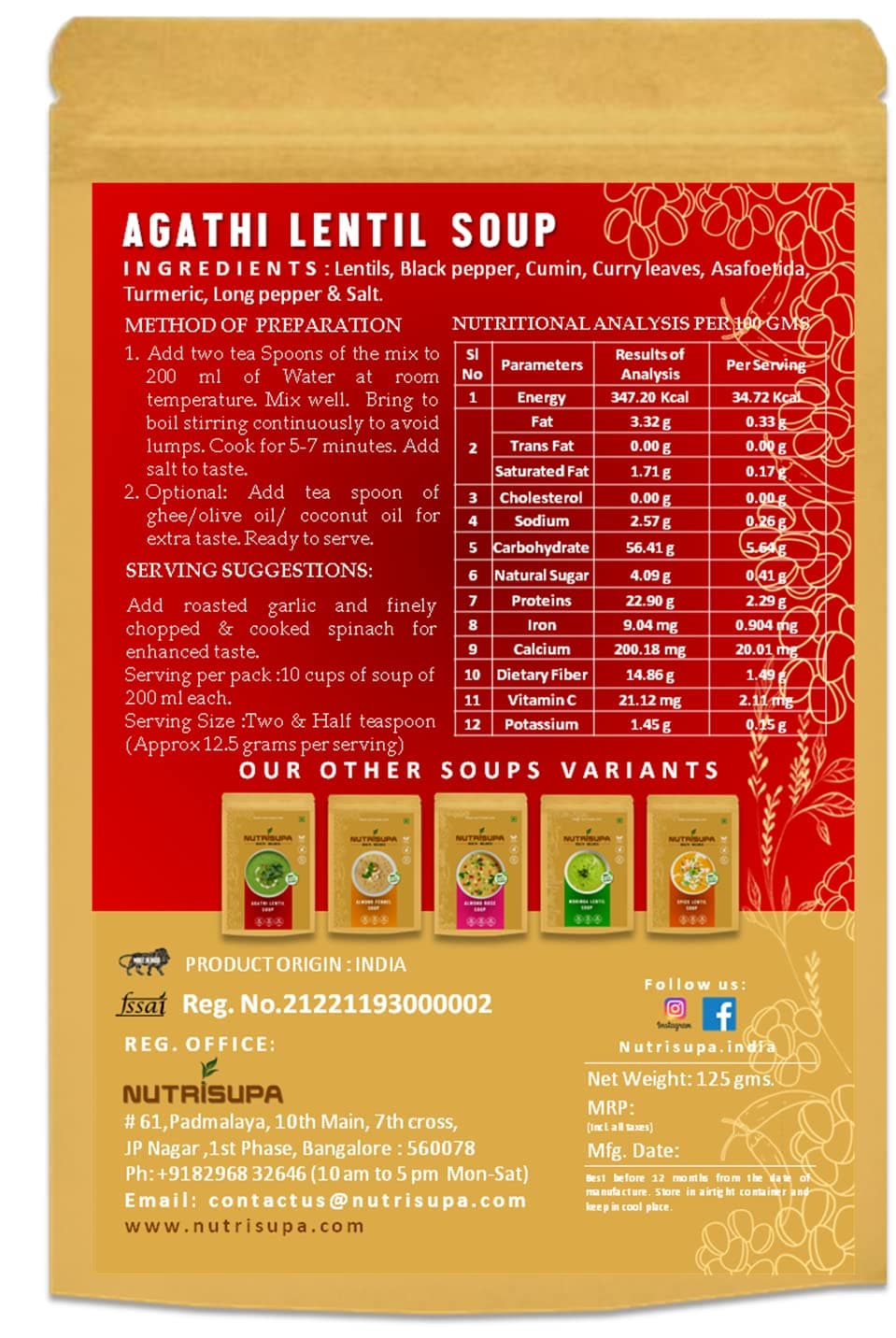 Nutrisupa Agathi Lentil Soup. Healthy vegan plant based |No soy| No Diary| protein rich| zero trans fat and cholesterol free | ready to make| for Bone health and Immunity| Agathi Lentil soup mix| 10cups per pack — image 2