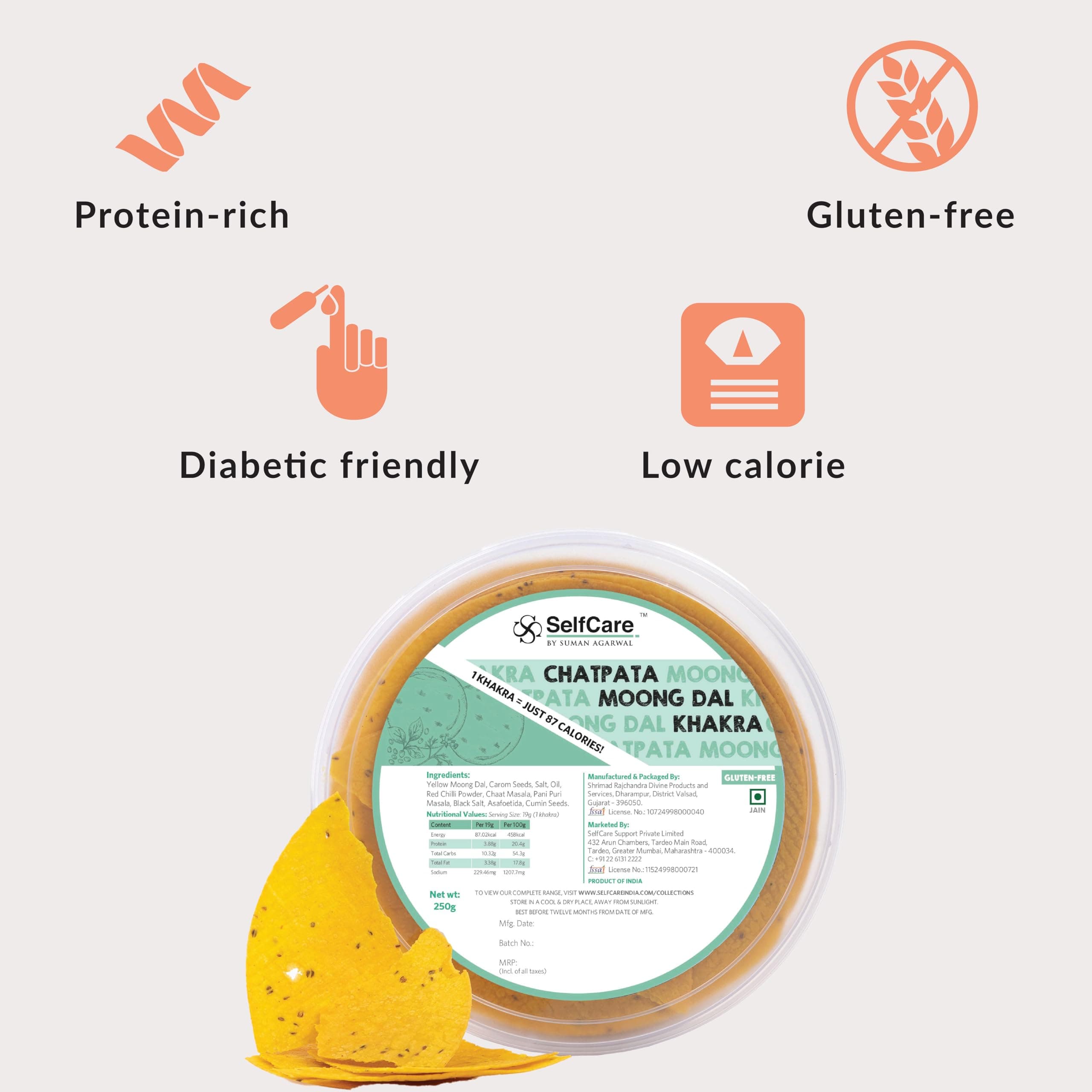 SelfCare By Suman Agarwal Chatpata Moong Dal Khakhra Pack of 1 250g | Roasted-Healthy-Snacks-Crackers-Namkeen-Grocery | Crispy & Chatpata - Tae time - Eat with Dip | Gluten Free - Jain & Travel Friendly — image 3