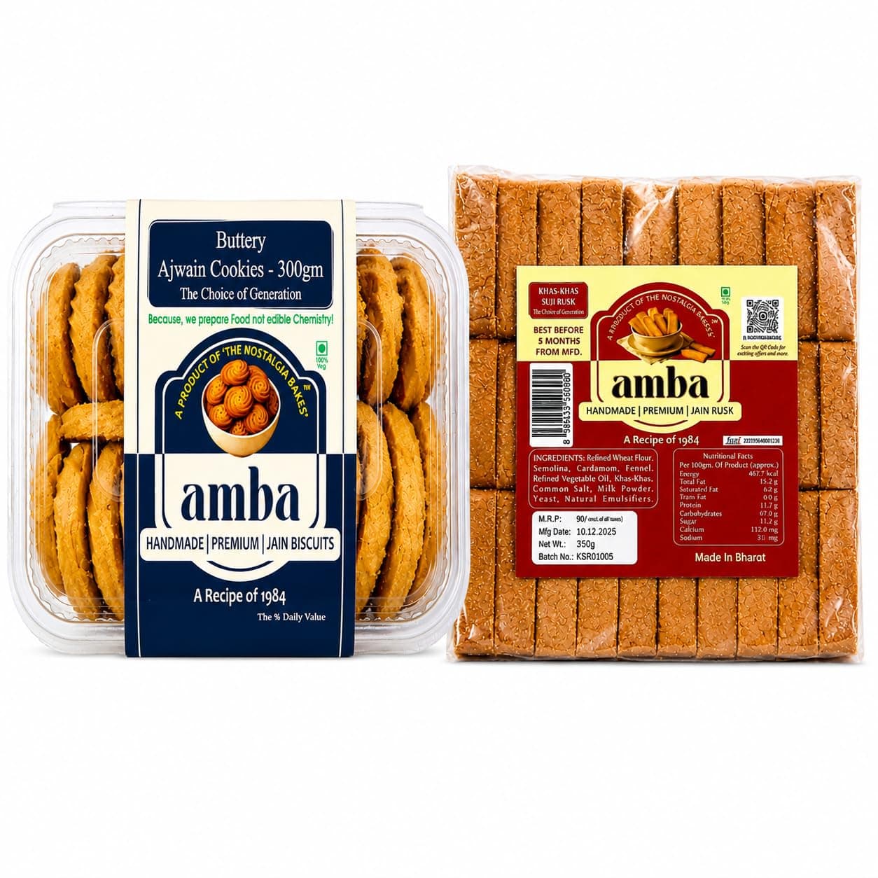 Amba Handmade Premium Jain Snack Combo | Buttery Ajwain Cookies 300g & Khas-Khas Suji Rusk 350g | Crispy Tea-Time Biscuits & Rusk | Fresh Bakery Snacks | Vegetarian Delight — image 2