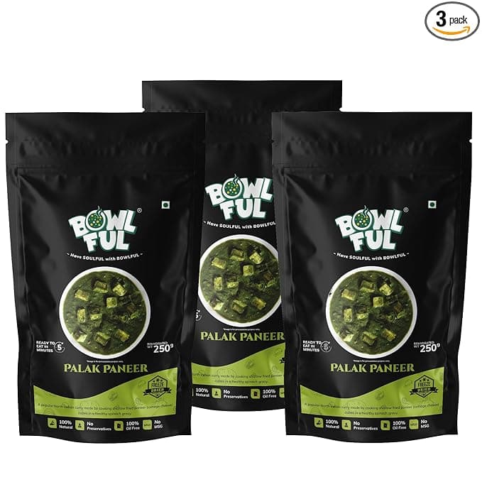 BowlFul Palak Paneer, 50 GMS, Creamy Spinach Based Gravy with Cottage Cheese and No Onion or Garlic | Pure Natural, Freeze Dried Food (Pack of 3)