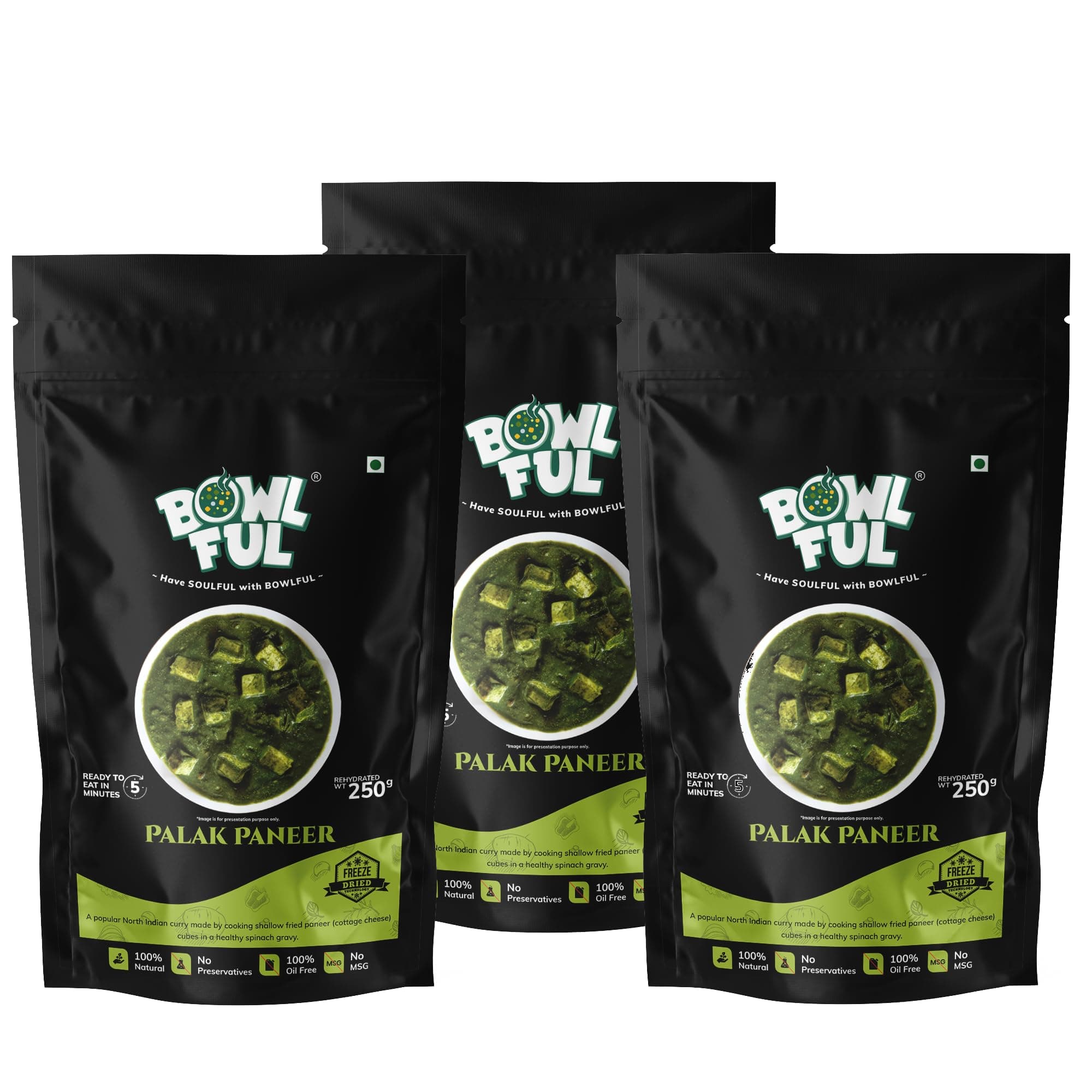 BowlFul Palak Paneer, 50 GMS, Creamy Spinach Based Gravy with Cottage Cheese and No Onion or Garlic | Pure Natural, Freeze Dried Food (Pack of 3) — image 2