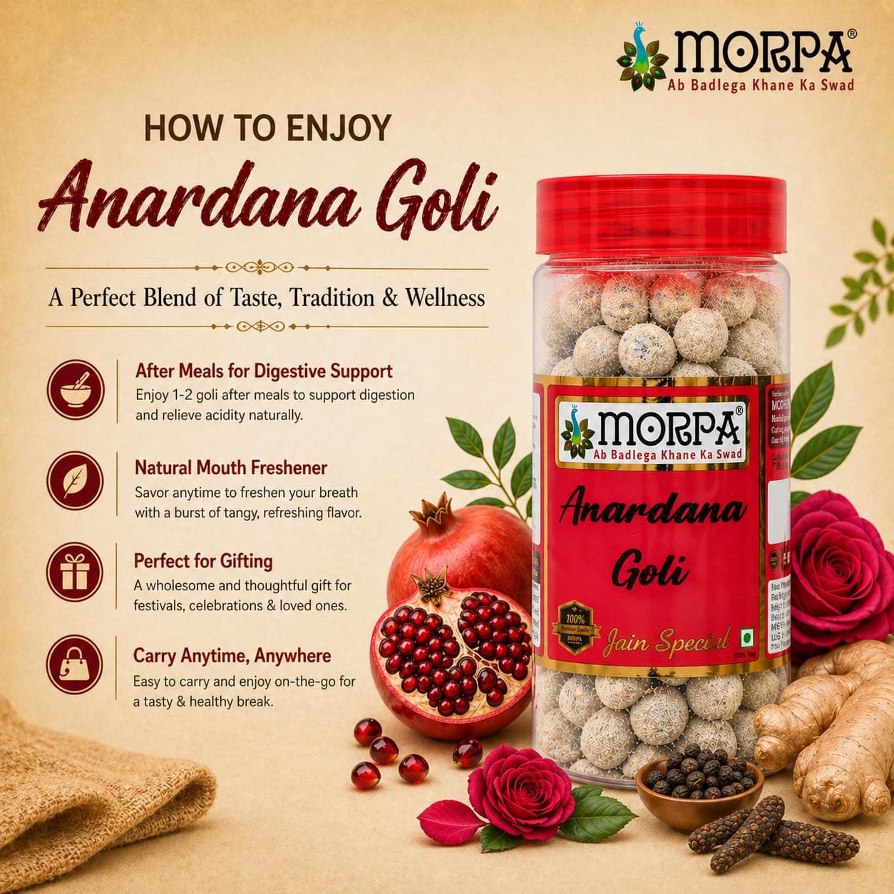 Morpa Anardana Goli Jain Special | Tangy Digestive Candy & Mouth Freshener | Traditional Anardana Pachak Goli | Refreshing After Meal Treat | Hygienically Packed, 100% Veg — image 5