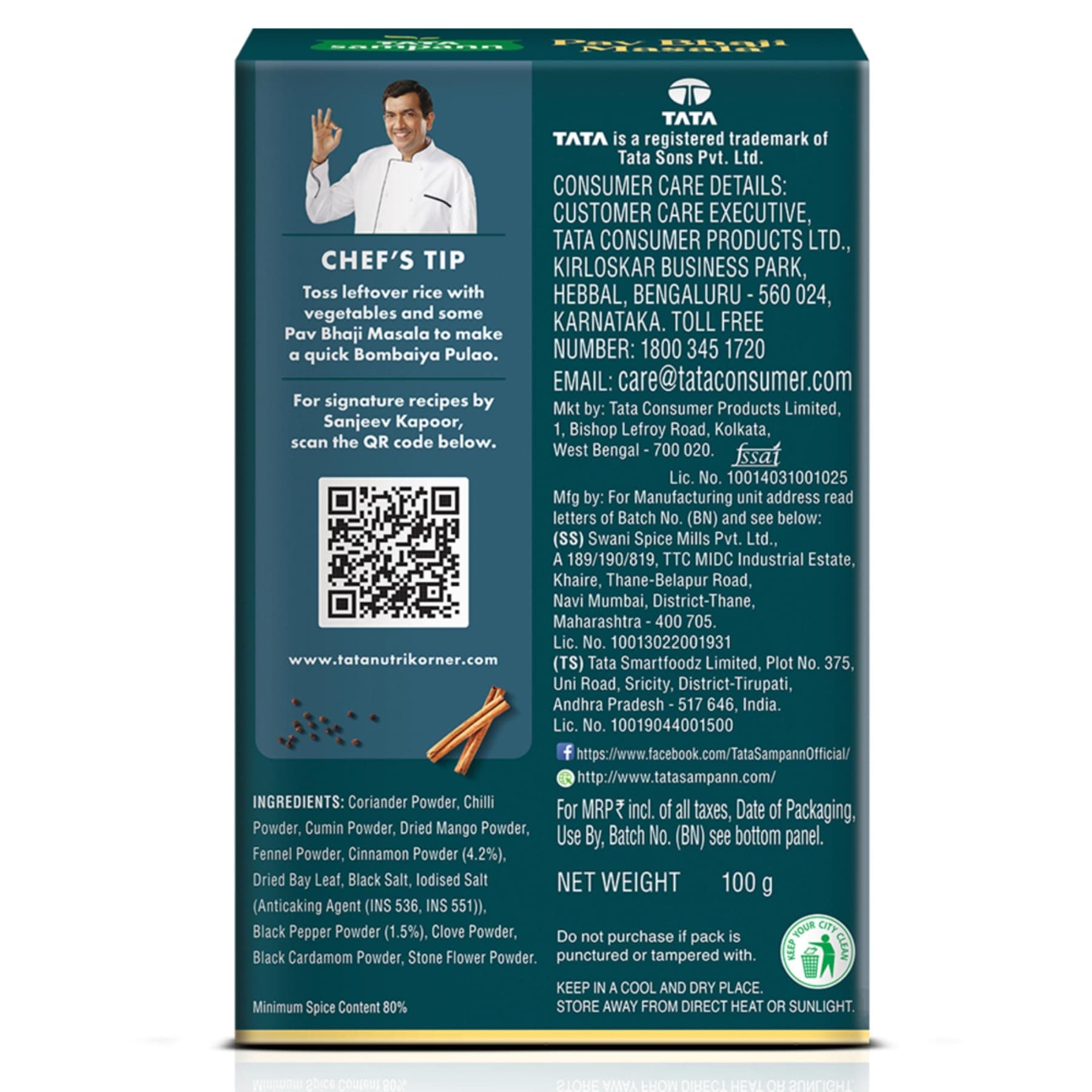 Tata Sampann Pav Bhaji Masala with Natural Oils, 100g, Crafted by Chef Sanjeev Kapoor, With Chef’s Exclusive Tip, Rich Aroma & Flavour — image 11