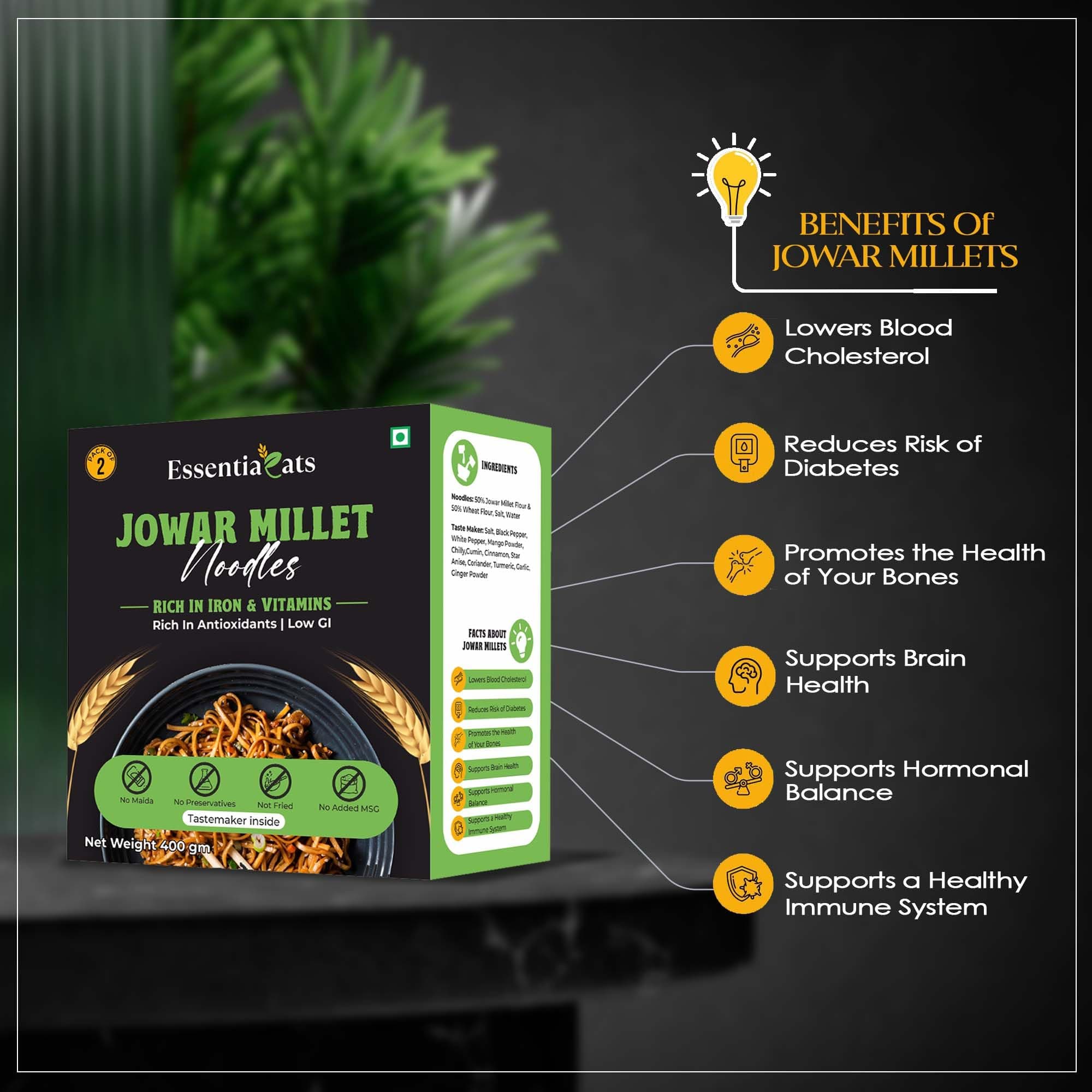 Essentiaeats Jowar Millet Noodles Includes Tastemaker 400g Pack of 2, No Maida Not Fried No Preservatives No MSG Healthy Hakka Noodles Ready to Cook — image 6