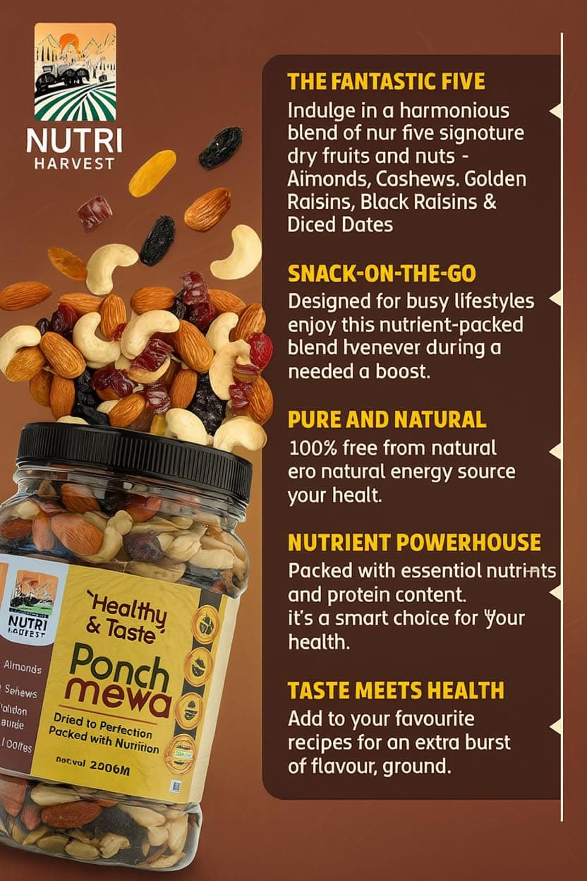 NUTRI HARVEST Premium Dry Fruits Mix pack (Panch Mewa Mix) , Natural Blend of Almonds, Cashews, Black and green Raisins and diced Dates| Fit for Fasting 2*250 (500gram)| (Re-sealable pack for freshness) — image 7