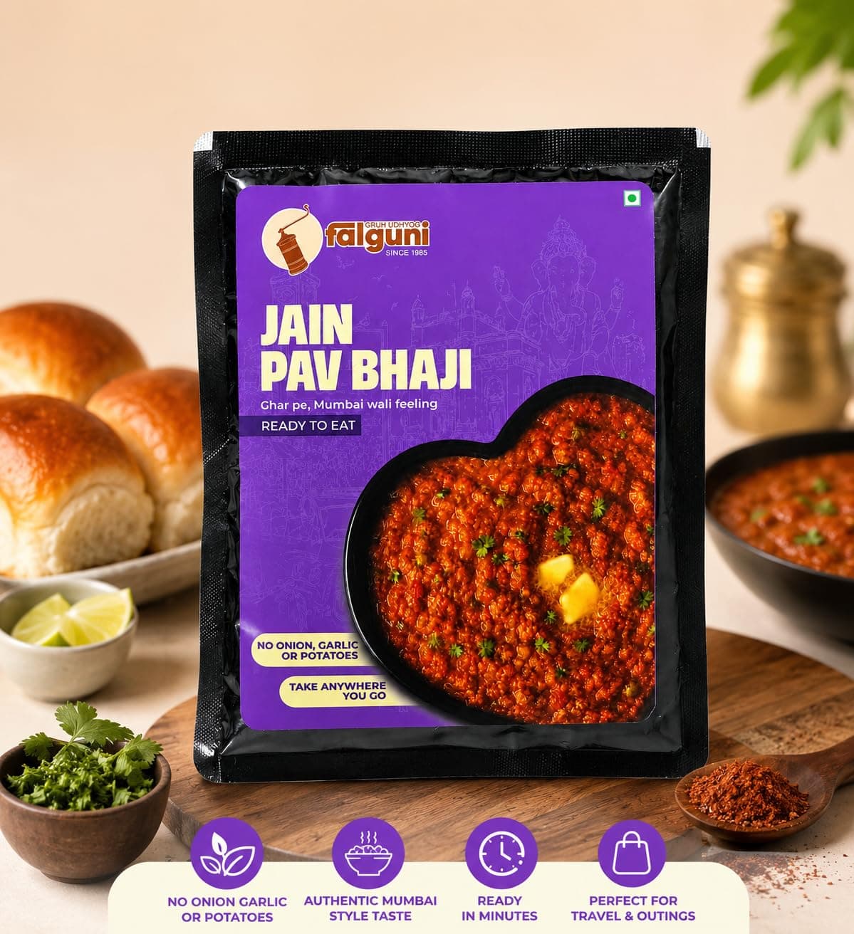 Falguni Gruh Udhyog (FGU) JAIN Pav Bhaji Ready To Eat | Authentic Mumbai Style Pav Bhaji | Instant Heat & Eat Snack Meal | Rich Spicy Indian Street Food Flavor | Travel Friendly Ready Meal | 60G — image 2