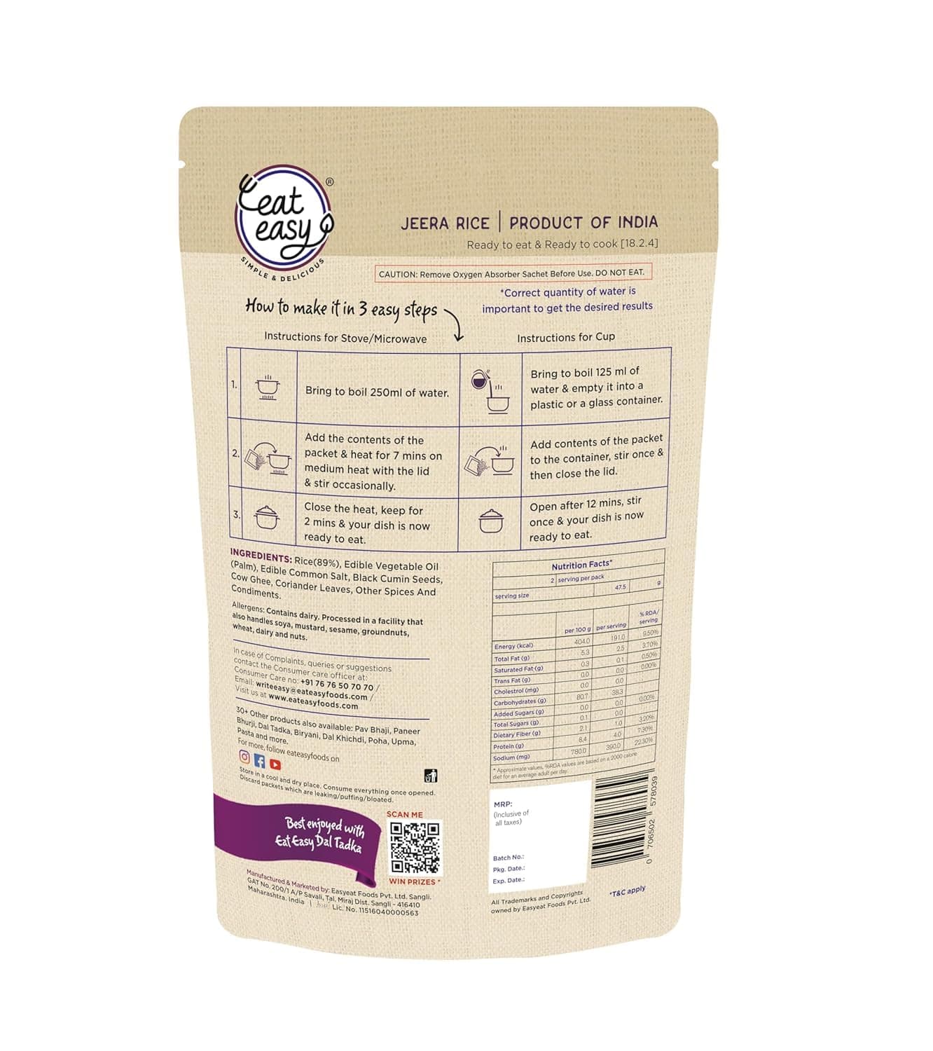 Eat Easy Ready To Eat Jeera Rice- 95gm (Pack of 2) | Freeze Dehydrated, Nutritious & Healthy Instant Food for Travel, Camping | No Preservatives, No Added Artificial Colours & Flavours | Just Add Water and Cook — image 3