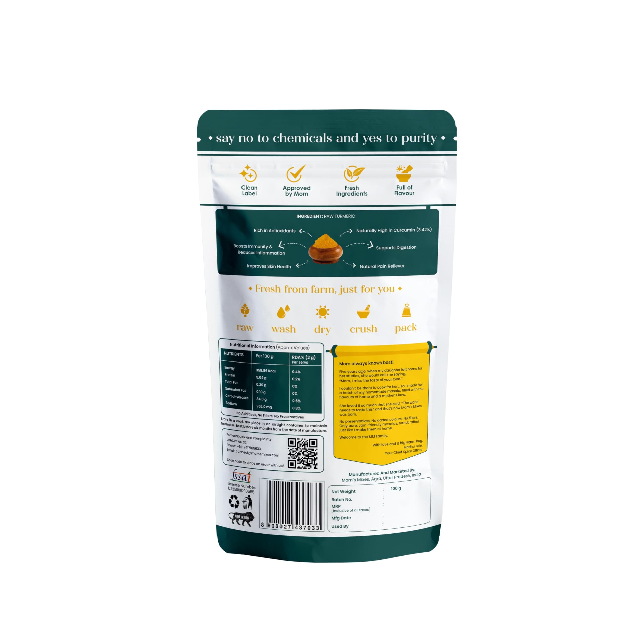 Mom’s Mixes Turmeric Powder (Haldi) | High Curcumin | Pure & Natural | No Preservatives | No Onion No Garlic (Jain Friendly) | Meghalaya Haldi | 100g — image 9