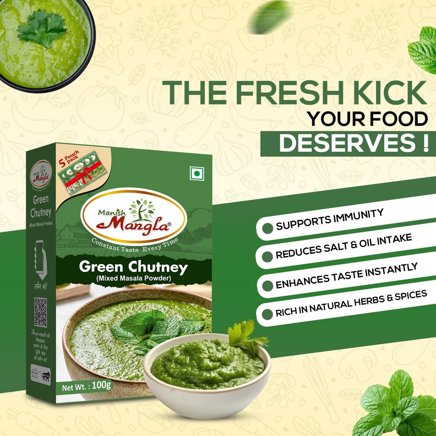 Manish Mangla Green Chutney Powder 100g | Instant Mint Coriander Chutney Mix | No Onion No Garlic | Fresh Hygienic Pack | Ready in 1 Minute — image 5