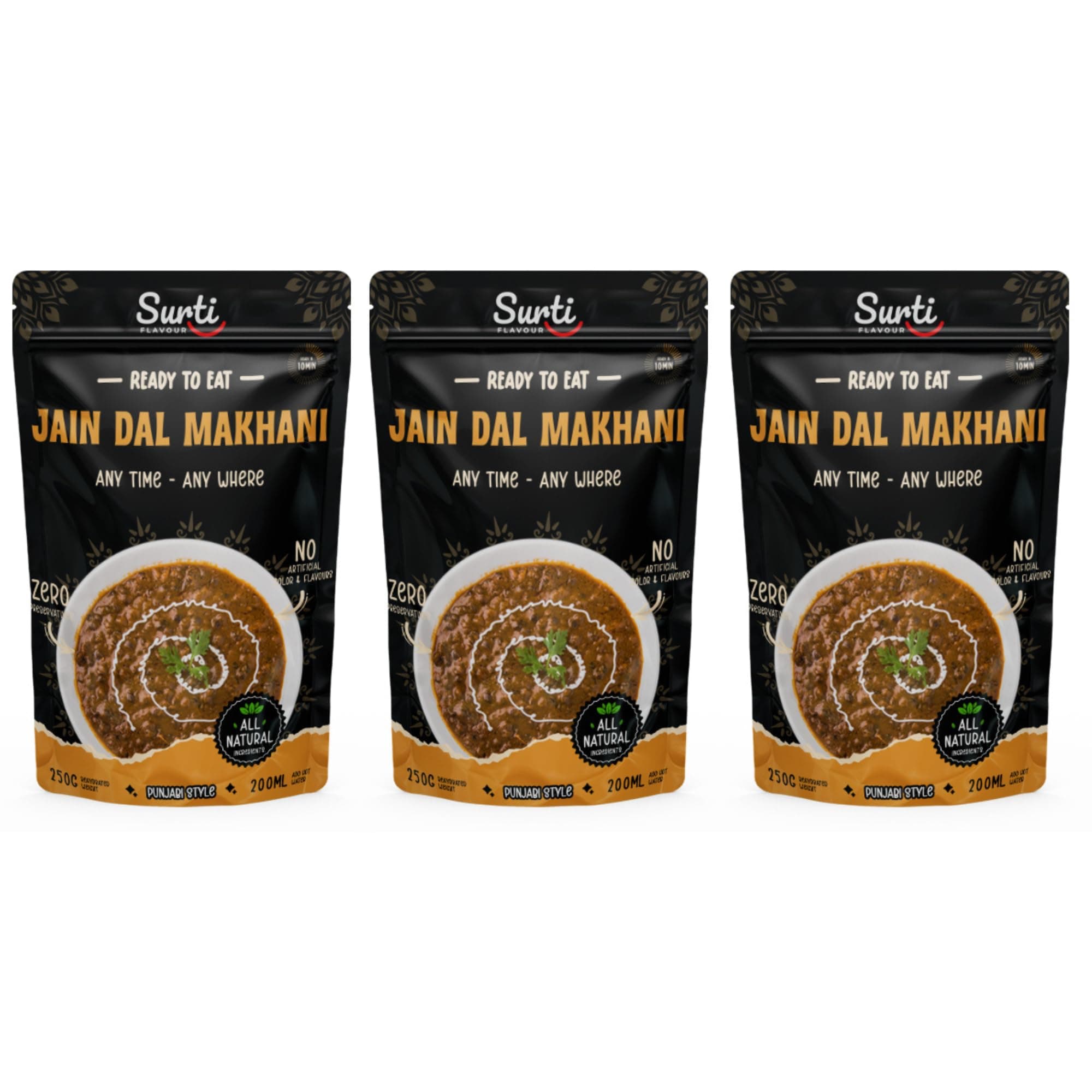 Surtiflavour Jain Dal Makhani, Ready to Eat, 250 Gram, Gluten-Free, Preservative-Free, Instant Indian Cuisine, Vegetarian (Pack of 3)