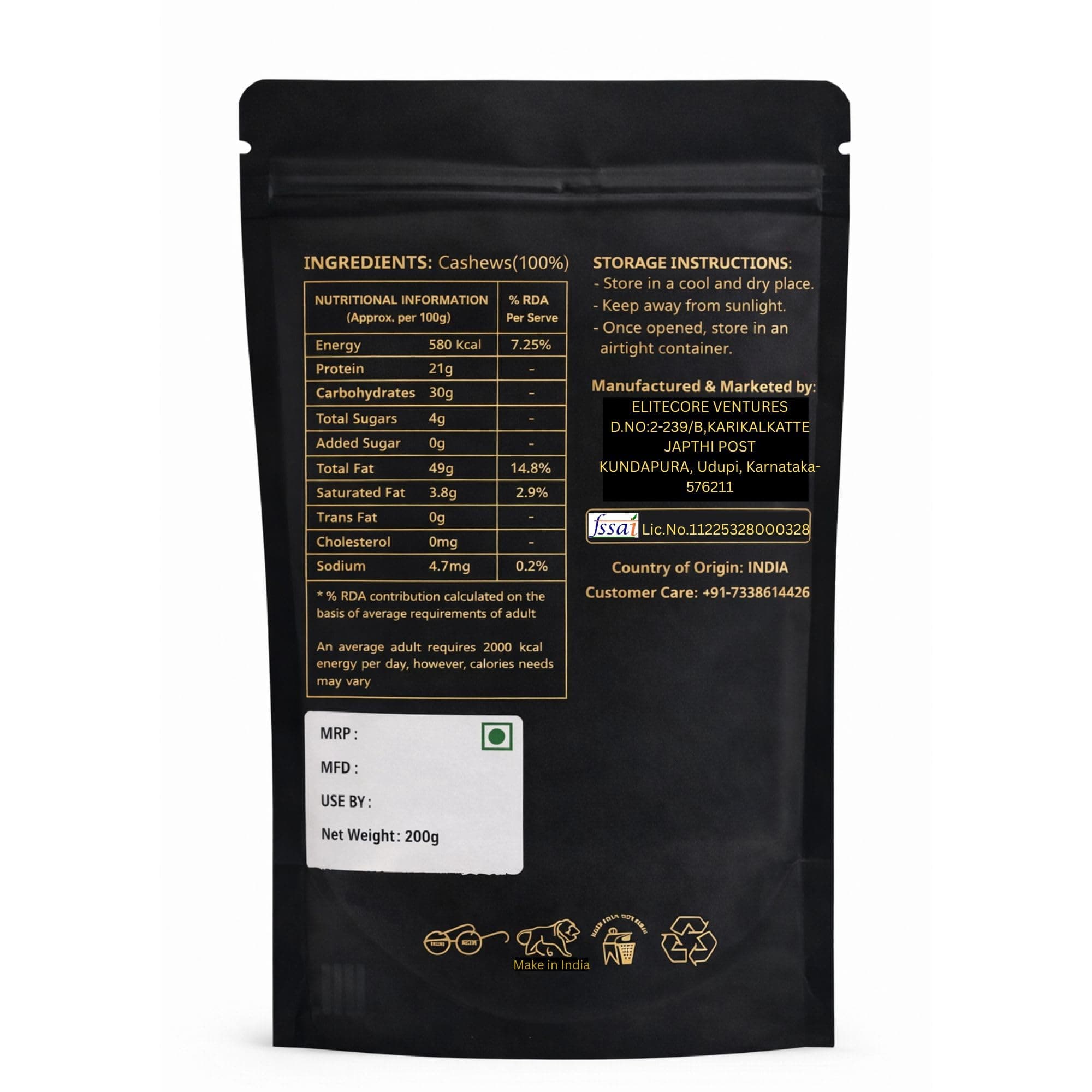 Elite Bites Premium Cashew Nuts (Kaju) | W320 Grade | Crunchy & Fresh | Healthy Snack | Rich in Protein | 200g / 500g (200g) — image 2