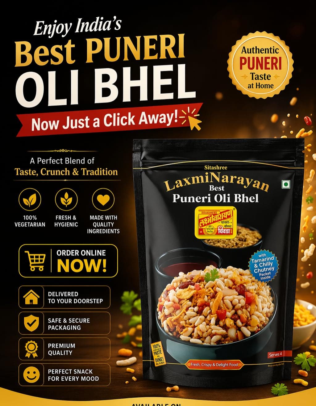 Sitashree LaxmiNarayan Best Puneri Oli Bhel, Ready to Use, with Tamarind and Chilly Chutney, Serves 4, no garlic so use as jain bhel also — image 4