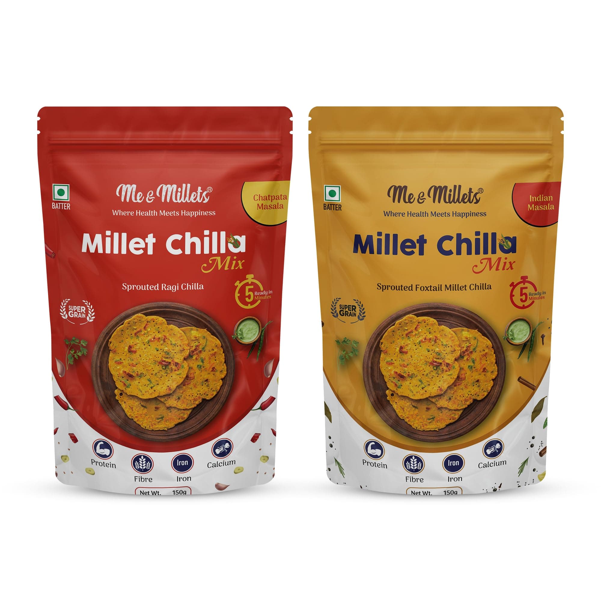 ME & MILLETS Sprouted Ragi Chilla & Foxtail Millet Chilla Mix Combo (150gX2) - Chatpata & Indian Masala, No Preservatives, Natural Healthy Protein & Fiber-Rich Breakfast For Family (Jain Friendly) — image 2