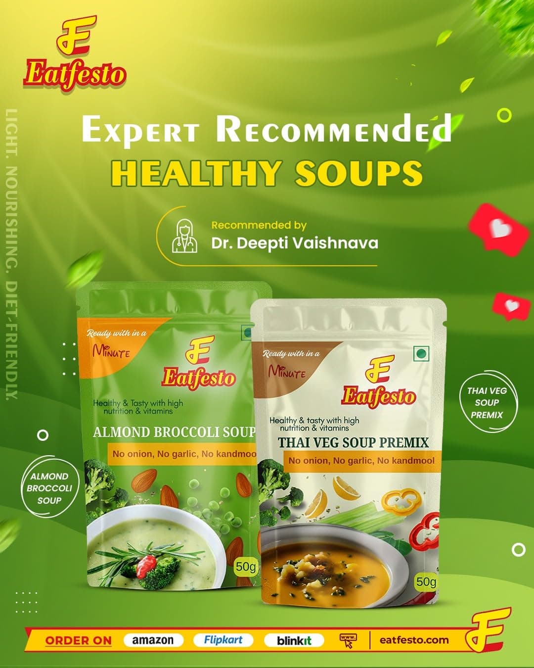Eatfesto Almond Broccoli Soup Premix (50g) | Ready in 2 Minute | No Onion No Garlic | Jain Friendly | Healthy Instant Soup THAI VEG PREMIX - Healthy & Tasty Vegetarian in 2 Minute Pack Of 2 — image 2