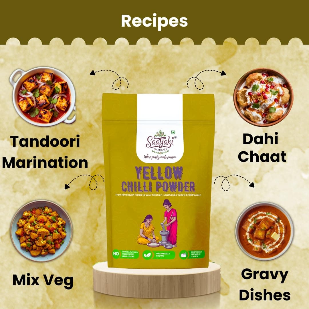 Saatyaki Naturals Organic Himalayan Yellow Chilli Powder - 100gm | Pure, Freshly Grounded Spice for Cooking, Non-GMO, Gluten-Free – Perfect for Curries, Marinades, and Seasoning — image 4