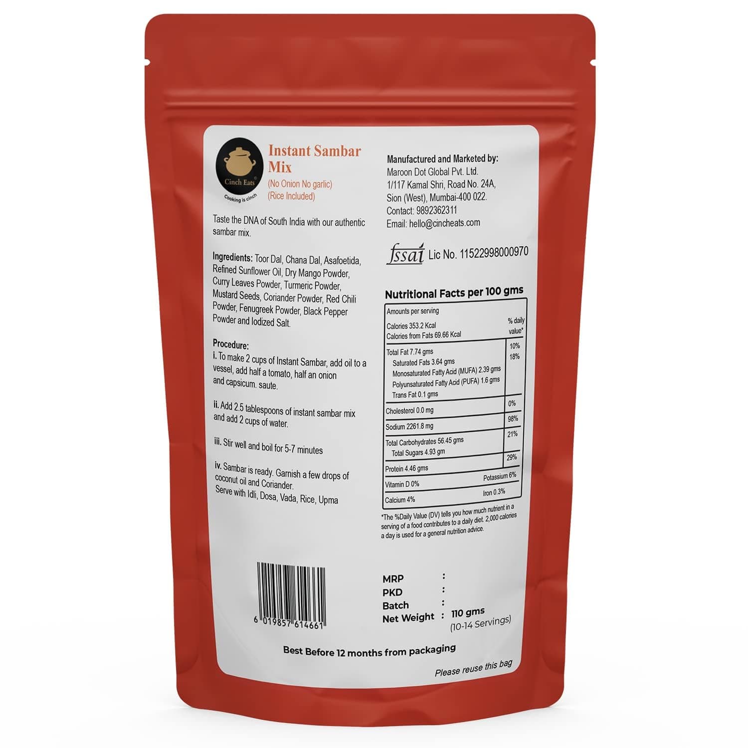 Cinch Eats (Since 1996) Instant Sambar Powder Just Add Oil, Ready Under 5 Min | Tasty Ready To Eat Sambar Mix No Garlic & Onion | No Artificial Colors/Flavours & No Preservatives (110g) — image 2