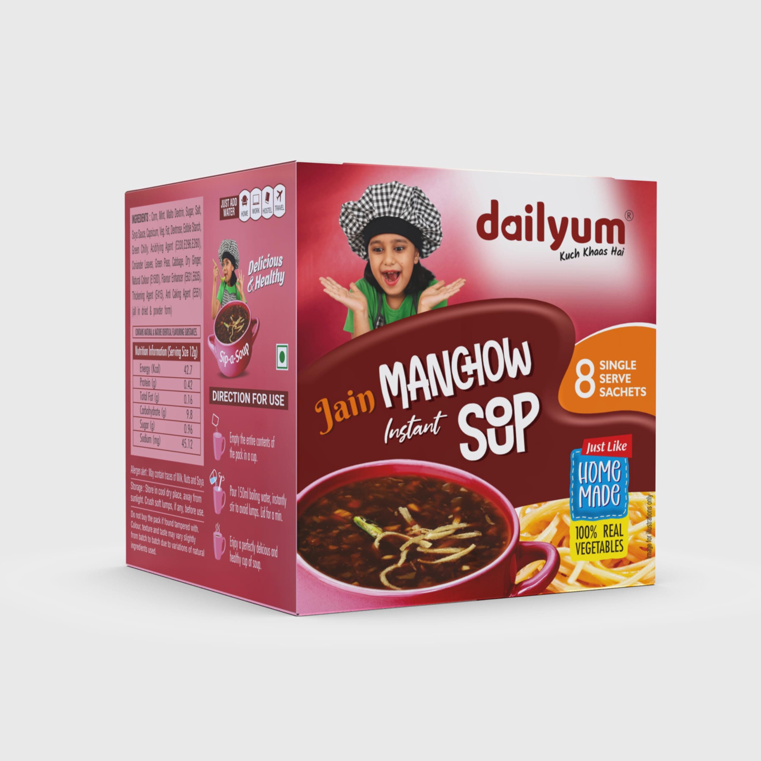 Dailyum Crispy Fried Noodles + Jain Instant Soup Box-Tomato and Manchow| 8 Single Serve Sachets,12g Each| Sip-A-Soup| Natural | No MSG | Pack of 3 Box — image 5