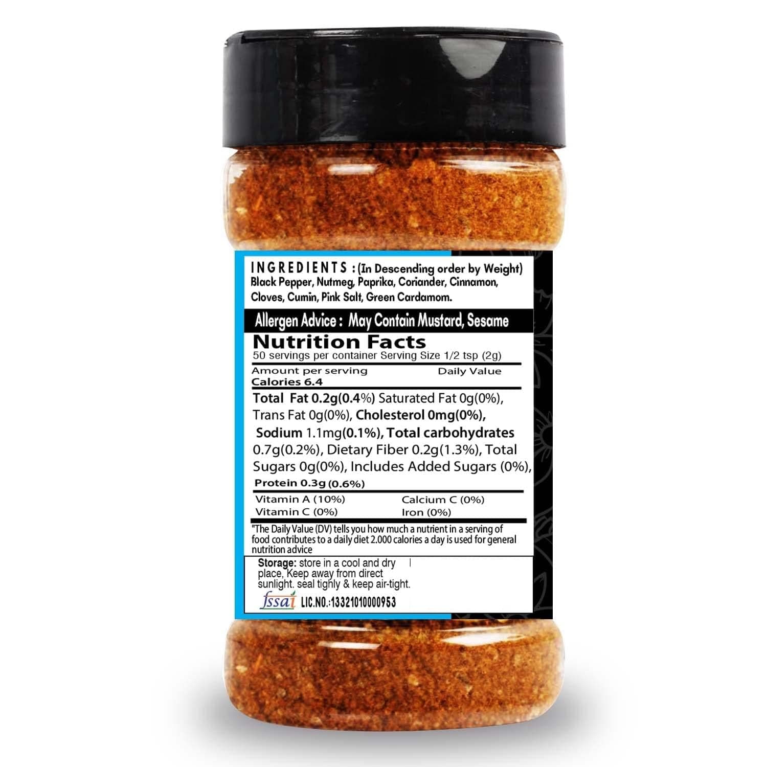 SARANZ Baharat Spice Mix | Used in Vegetable Curry, Chicken Curry, Fish Soup | Aromatic and Flavoured Vegan | Peppery, Sweet-Spiced Dairy Free and Gluten Free -100 Grams Sprinkler Jar — image 2