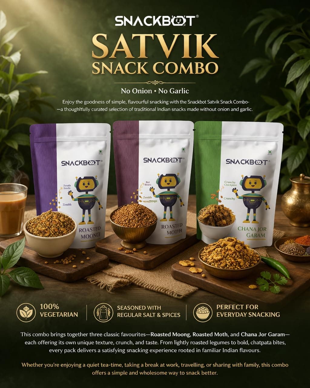 Snackbot Satvik Snack Combo – No Onion No Garlic Healthy Snacks | Roasted Moong, Roasted Moth & Chana Jor Garam | 100% Vegetarian Indian Snack Pack — image 3