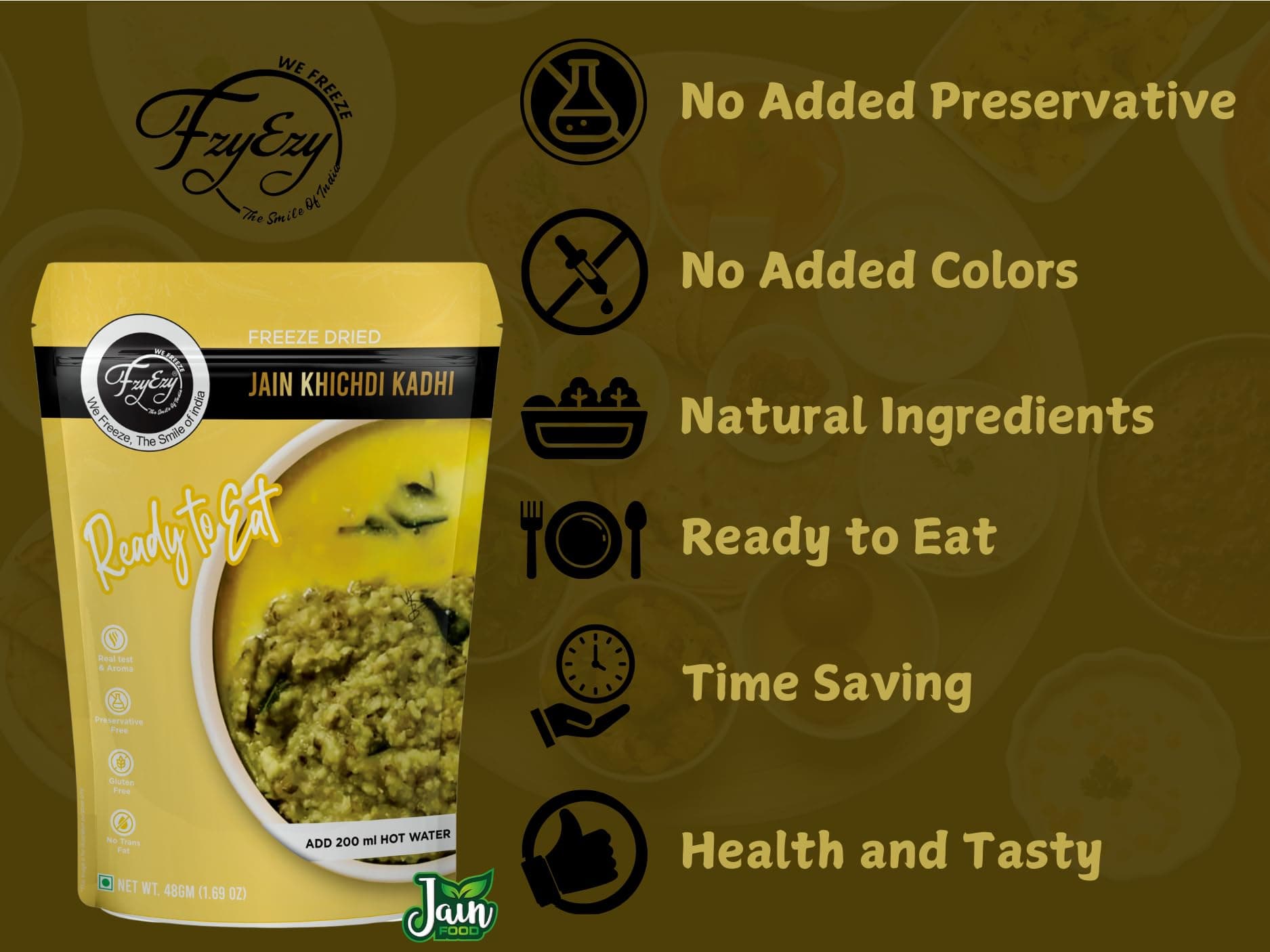 FzyEzy Freeze-Dried Jain Kadhi Khichdi | Instant Ready-to-Eat Meal | Pure Vegetarian | No Onion, No Garlic | Gluten-Free & Preservative-Free | Just Add Hot Water (48g) — image 6