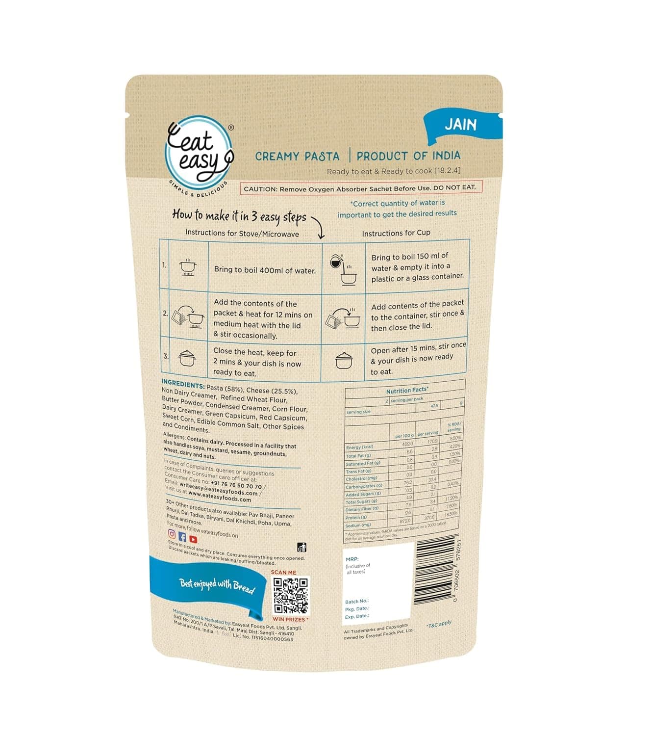 Eat Easy Ready To Eat Jain Pasta- 100gm (Pack of 2) | Freeze Dehydrated | Just Add Water and Cook | No Onion No Garlic, Vegetarian Healthy Instant Creamy Pasta Food for Travel, Trekking, Campign, Hostel — image 3