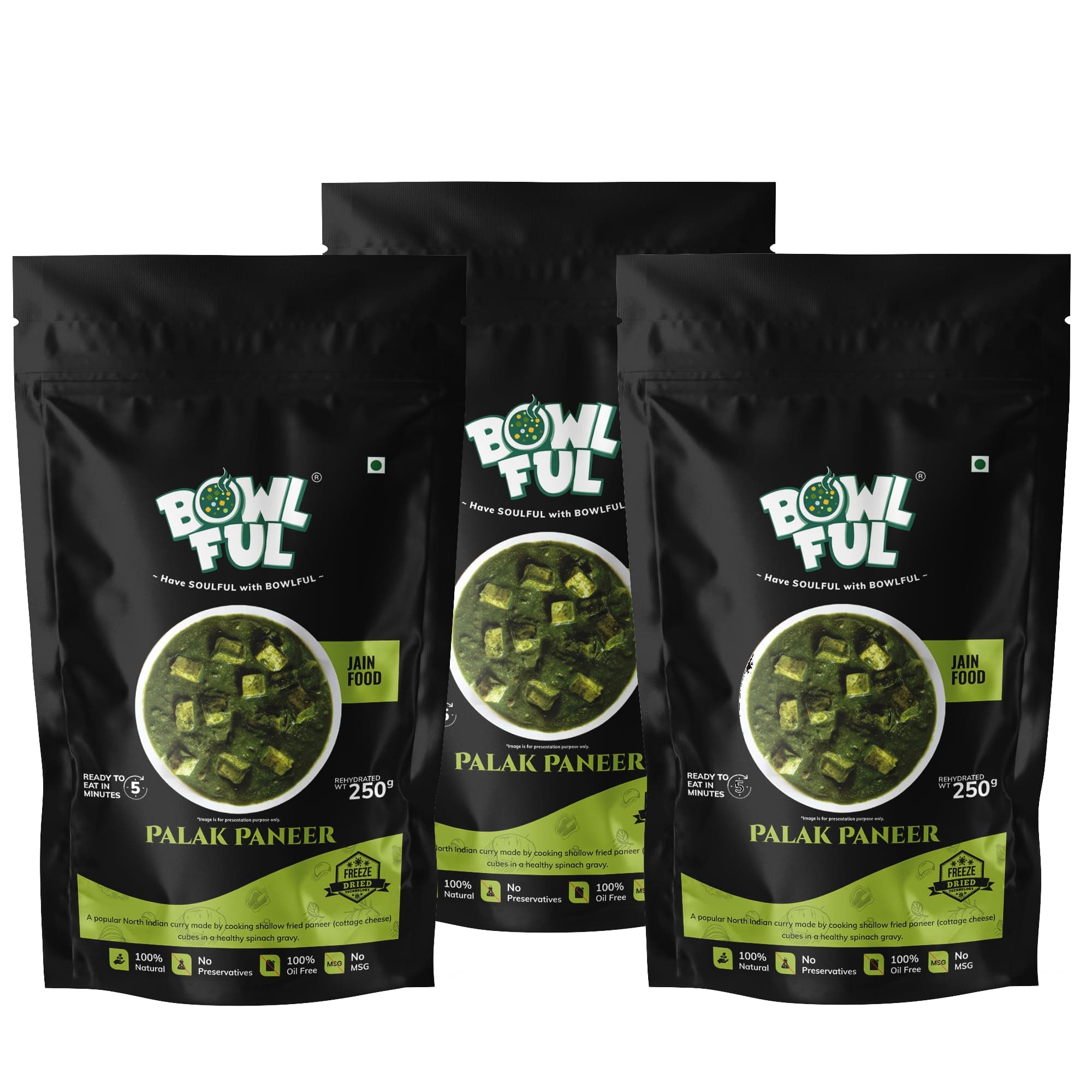 BowlFul Jain Palak Paneer, 50 GMS, Creamy Spinach Based Gravy with Cottage Cheese and No Onion or Garlic. Pure Natural, Freeze Dried Food (Pack of 3) — image 2