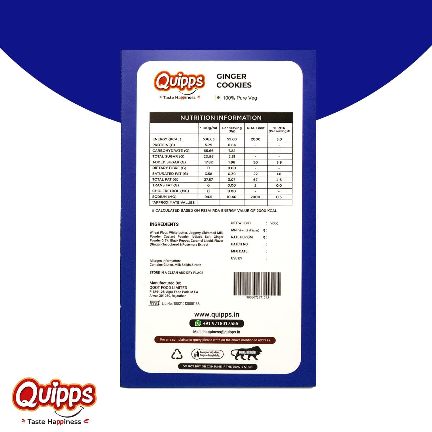 Quipps Premium Ginger Cookies | Pack of 2 (200g Each) | Healthy Biscuits with Real Ginger, Jaggery & White Butter | No Maida, No White Sugar, No Preservativess | All Natural Ingredients & Crunchy Biscuits | Freshly Baked Snacks for Tea, Breakfast & Gifting — image 8