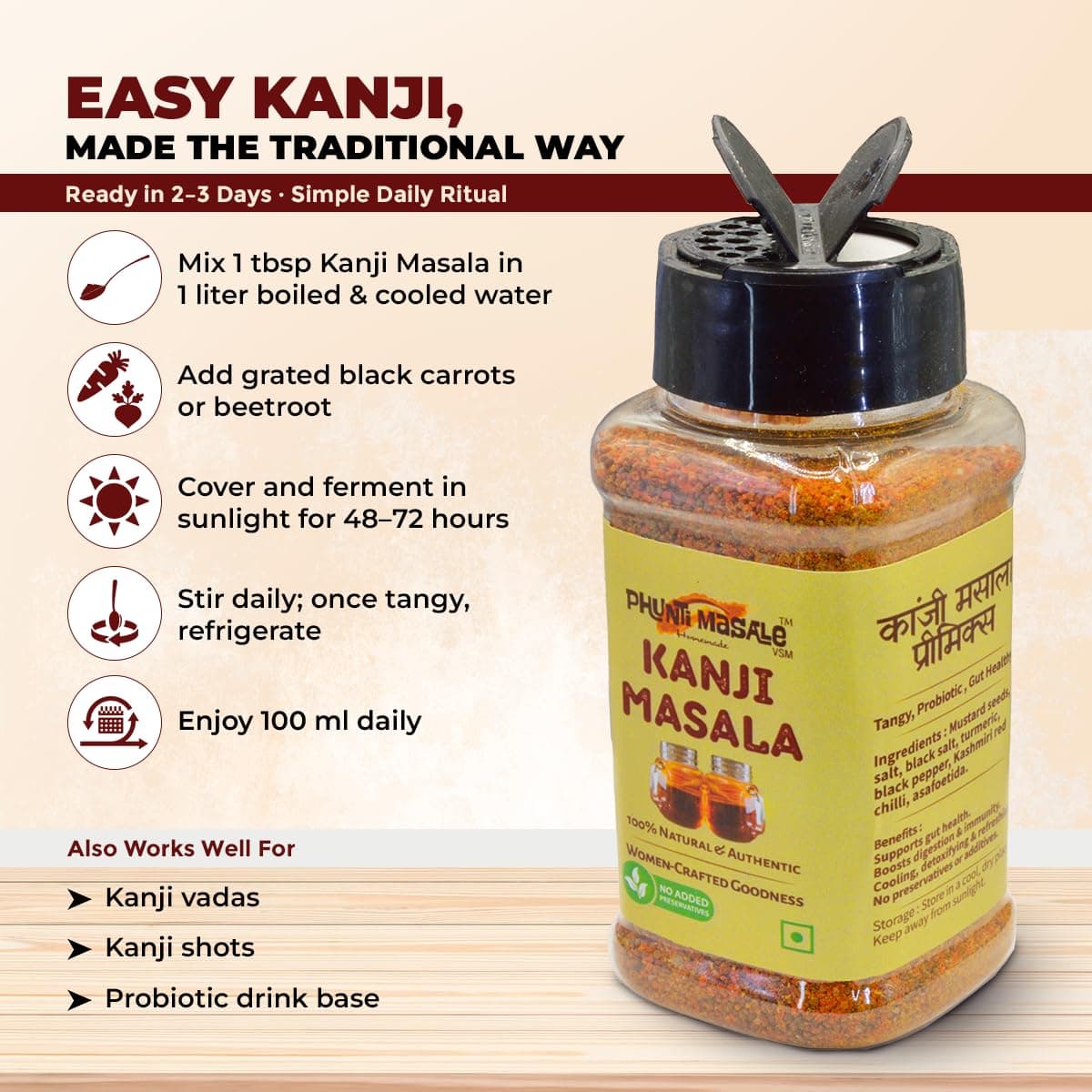 Phunti Masale Kanji Masala Powder | Traditional Indian Probiotic Drink Mix | 100g | No Preservatives | No Onion No Garlic | Gut Health Fermented Drink Spice Mix | Makes 6-7 litres of Kanji — image 2