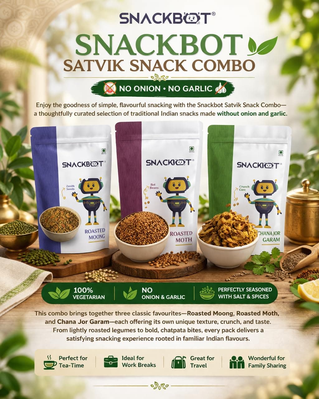 Snackbot Satvik Snack Combo – No Onion No Garlic Healthy Snacks | Roasted Moong, Roasted Moth & Chana Jor Garam | 100% Vegetarian Indian Snack Pack — image 4
