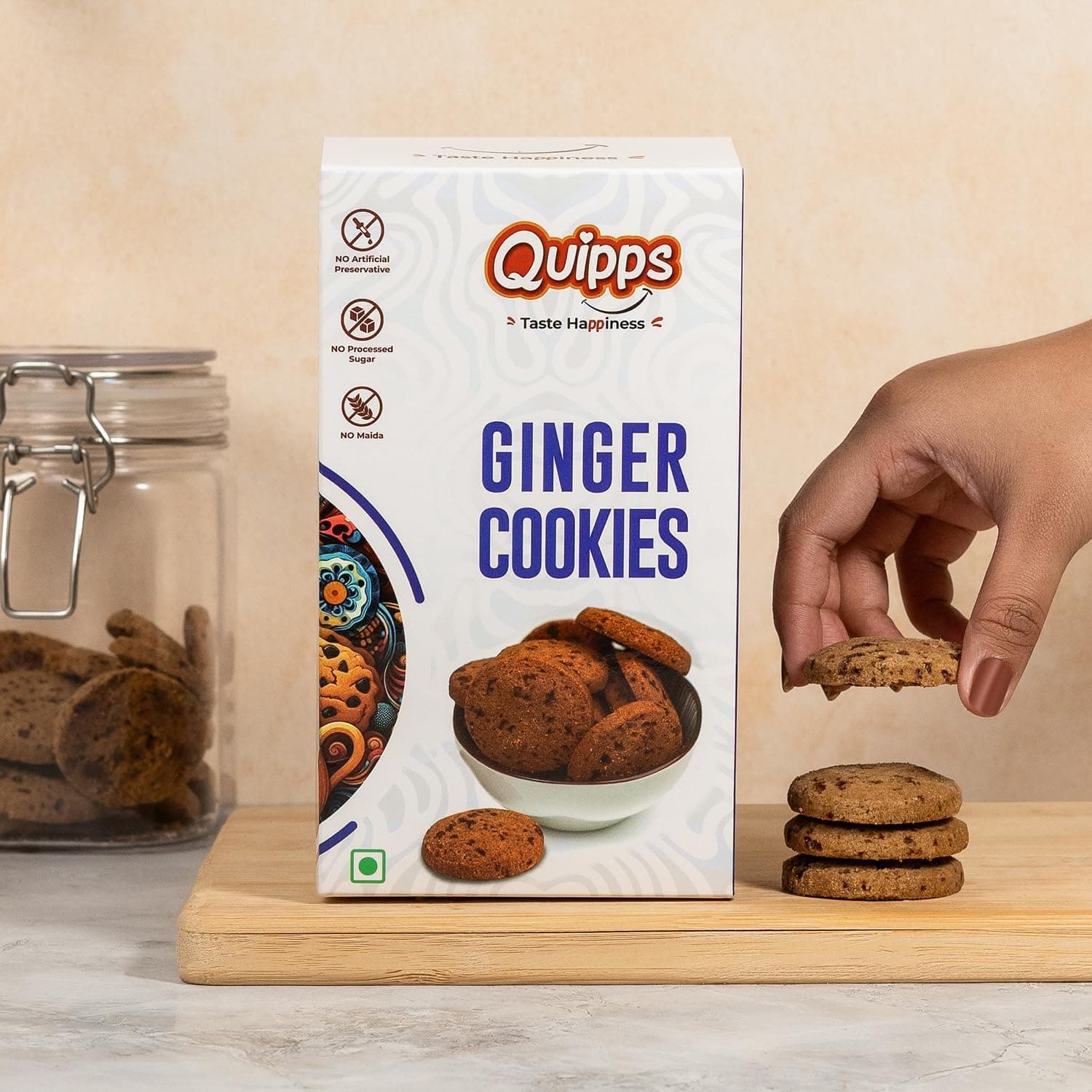Quipps Premium Ginger Cookies | Pack of 2 (200g Each) | Healthy Biscuits with Real Ginger, Jaggery & White Butter | No Maida, No White Sugar, No Preservativess | All Natural Ingredients & Crunchy Biscuits | Freshly Baked Snacks for Tea, Breakfast & Gifting — image 3