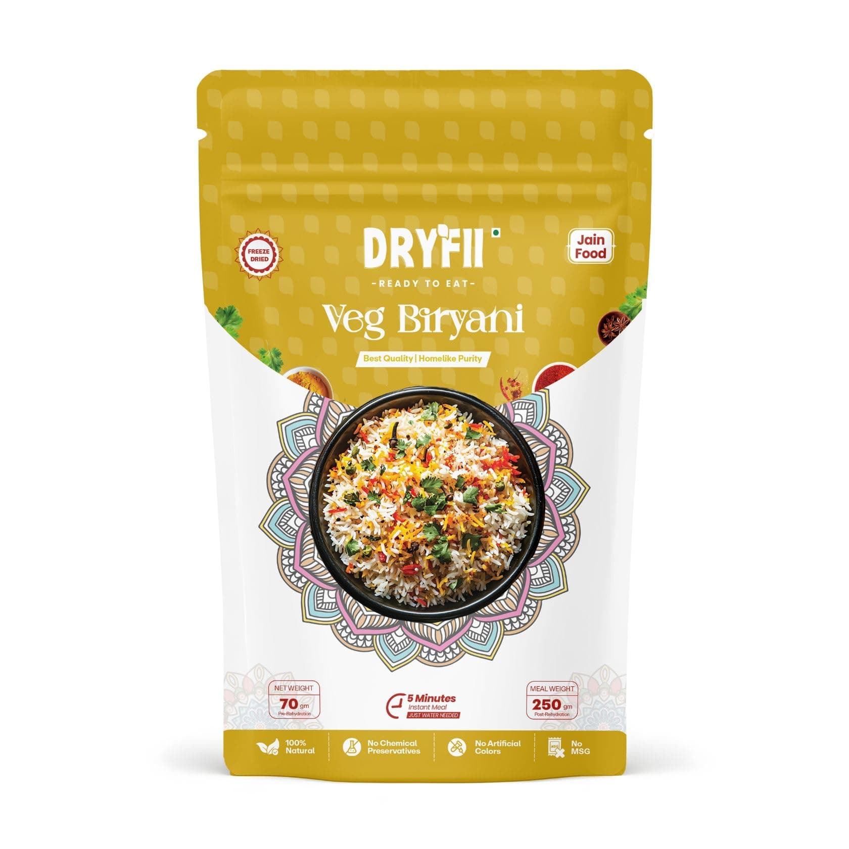 Dryfii Ready-to-Eat Instant Jain Veg Biryani | Pure Veg | Freeze Dried | No Onion, No Garlic | Rehydrated Weight 250 g
